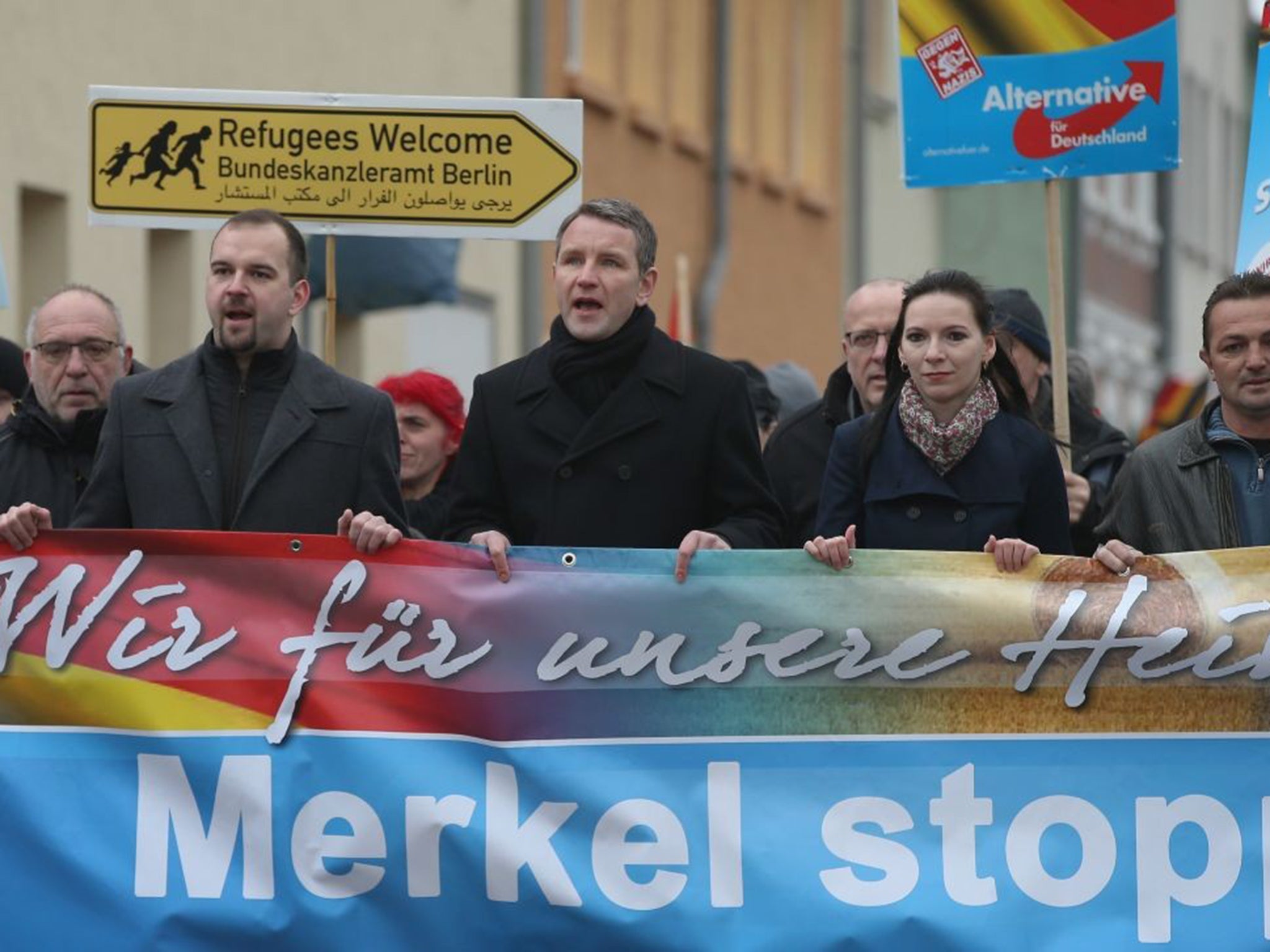 Björn Höcke (centre) marches with AfD members in Raguhn earlier this month