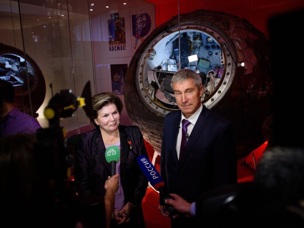 Dr Valentina Tereshkova, the first woman in space with fellow cosmonaut Sergei Krikalev in front of the Vostok 6 capsule at the Science Museum