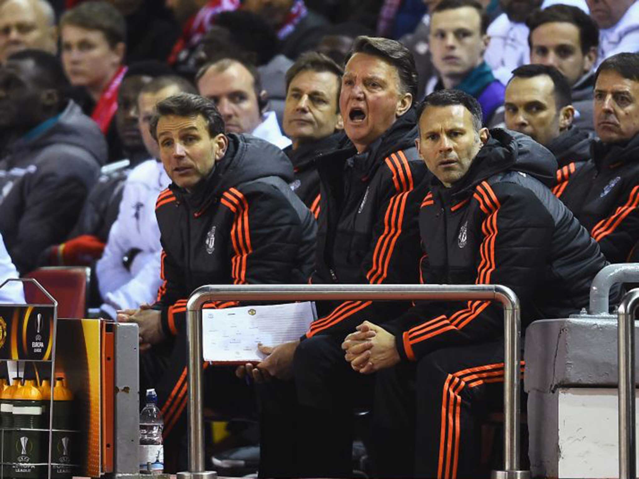 Louis van Gaal alongside assistant manager Ryan Giggs