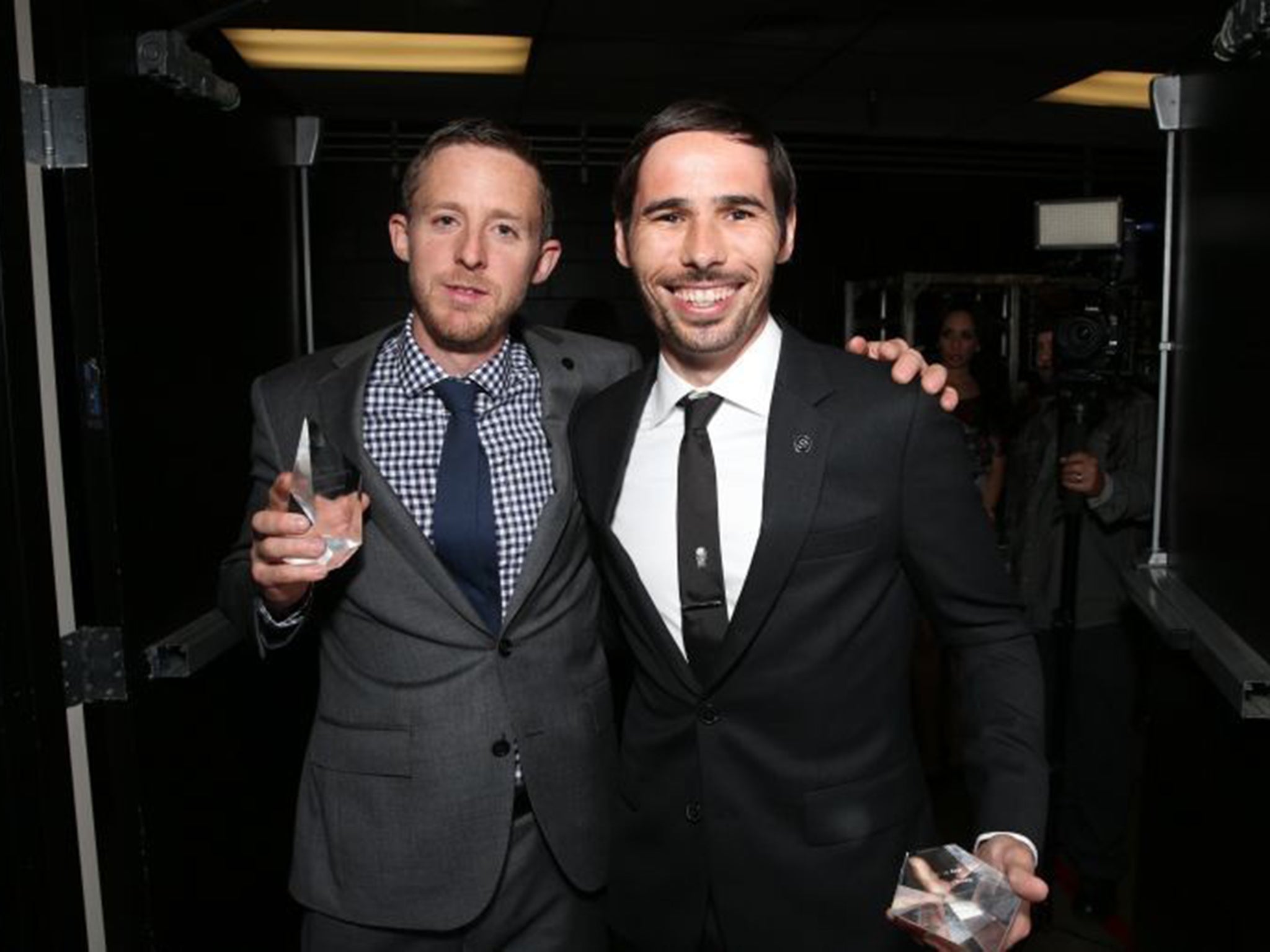 Tommy Caldwell and Kevin Jorgeson attend attend the 2015 Cedars-Sinai Sports Spectacular at the Hyatt Regency Century Plaza, in California