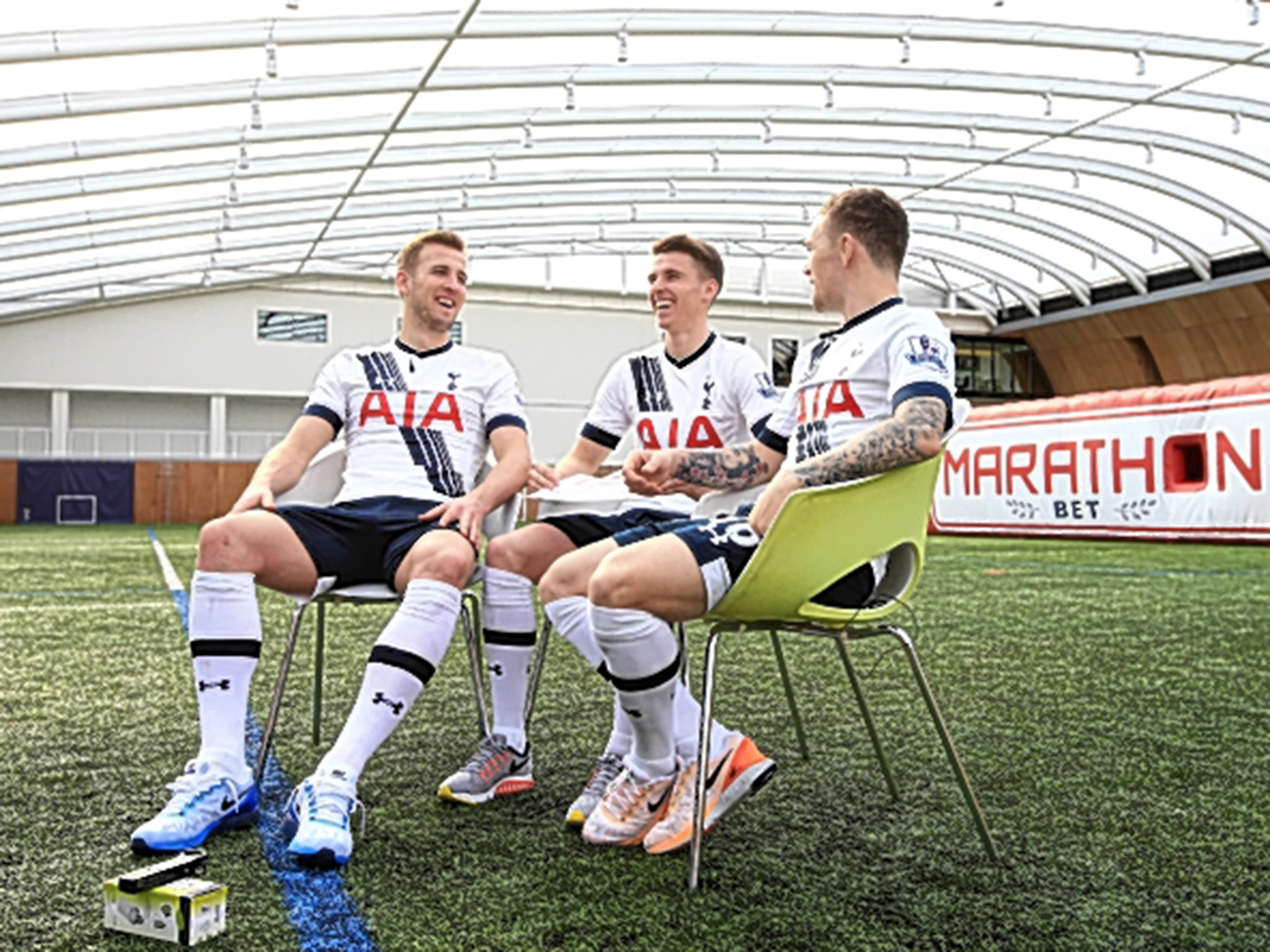 Kieran Trippier at Spurs’ Enfield training base with team-mates Harry Kane and Tom Carroll