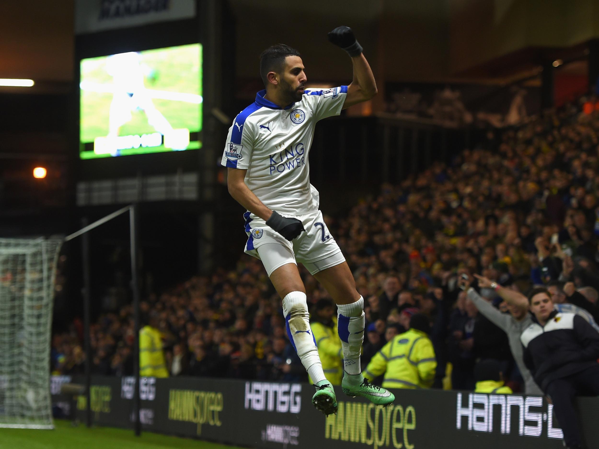 Riyad Mahrez celebrates scoring the only goal as Leicester defeated Watford to continue their title challenge