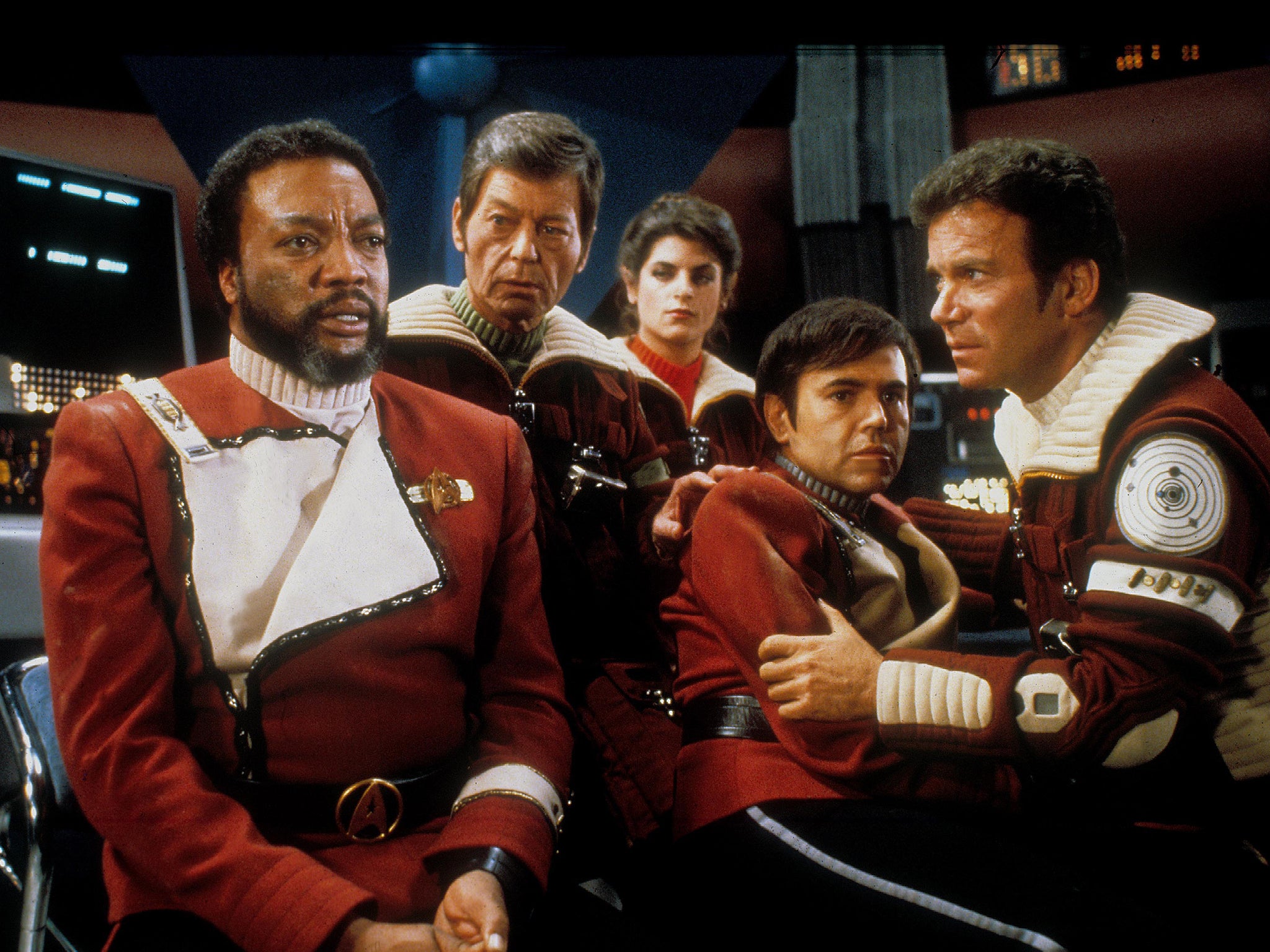 Original cast members such as Deforest Kelley (second left) and William Shatner (far right) showing their age in 1982’s ‘Star Trek II: The Wrath of Khan’