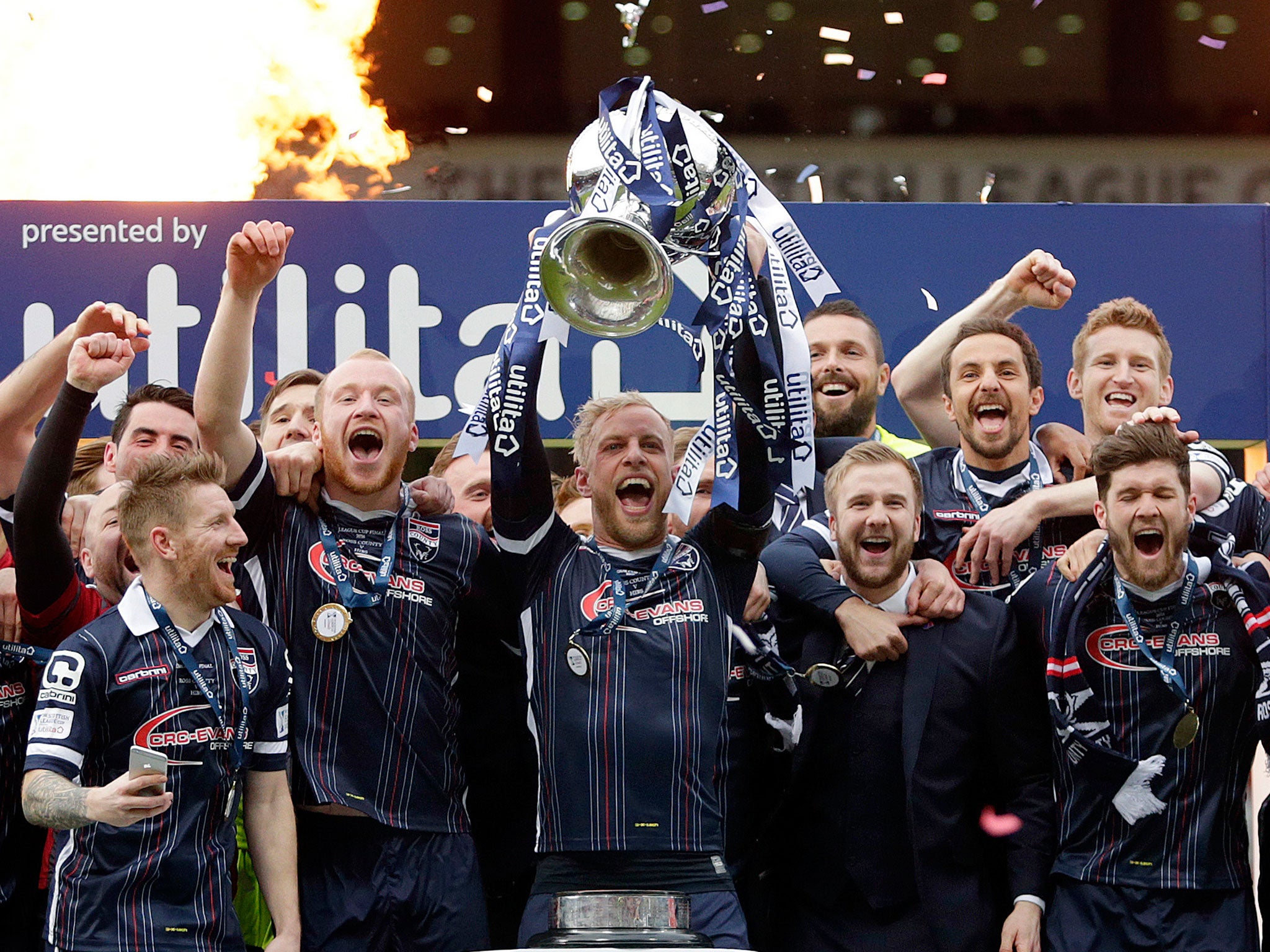 Ross County players celebrate with the Scottish League Cup