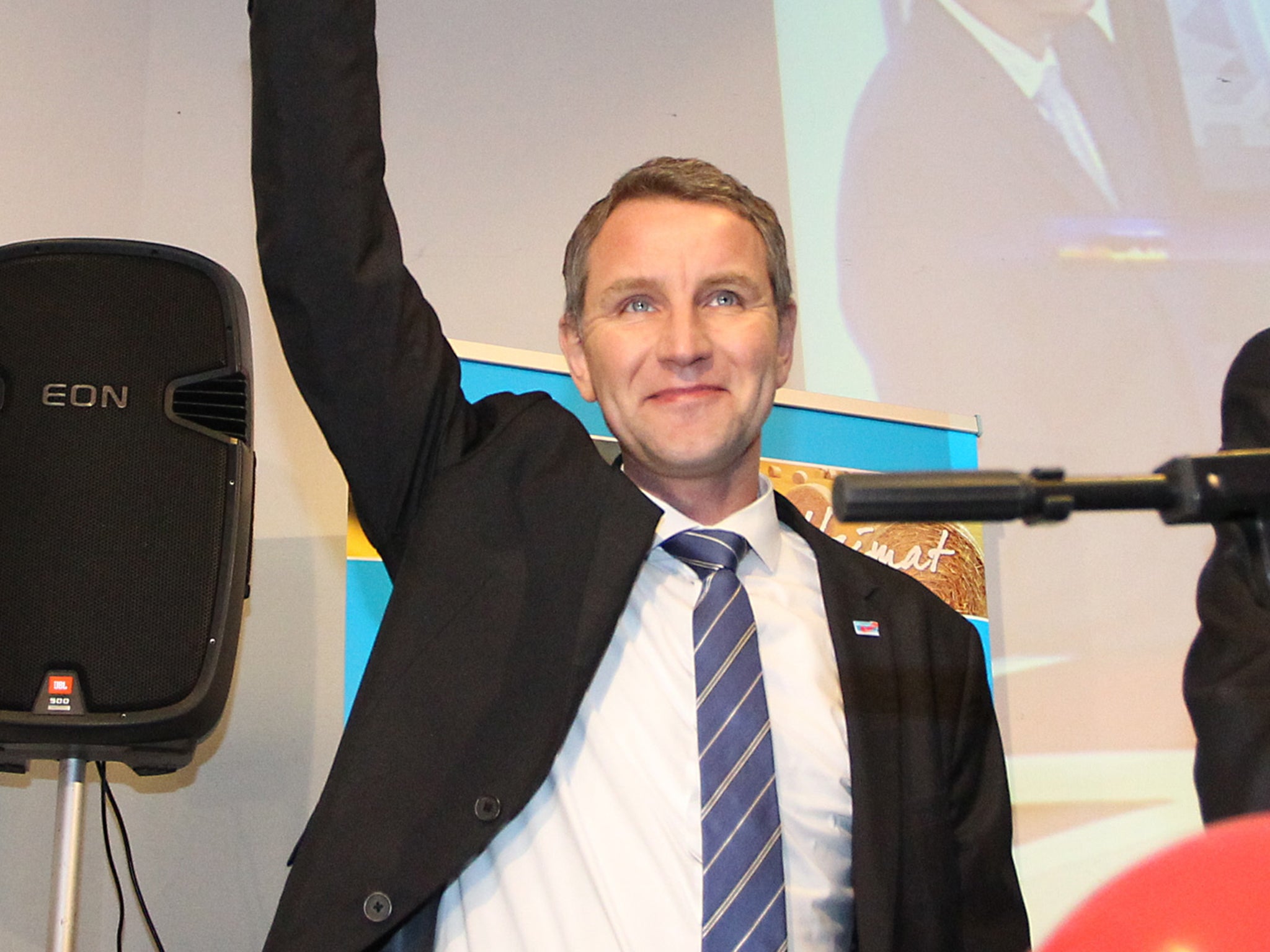 Alternative for Germany (AfD) parliamentary chairman in Thuringia, Bjoern Hoecke, attends an AfD election party for the Saxony-Anhalt state parliamentary elections in Magdeburg, Germany