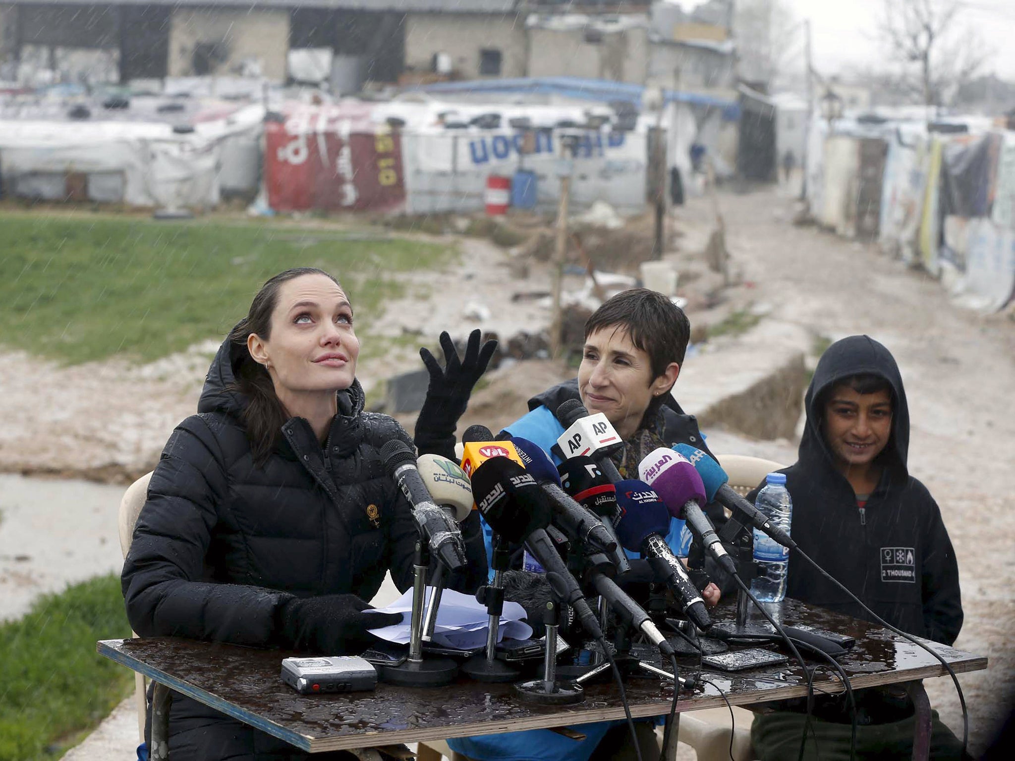 UNHCR special envoy Angelina Jolie at a news conference during her visit to Syrian refugees in the Bekaa valley, Lebanon