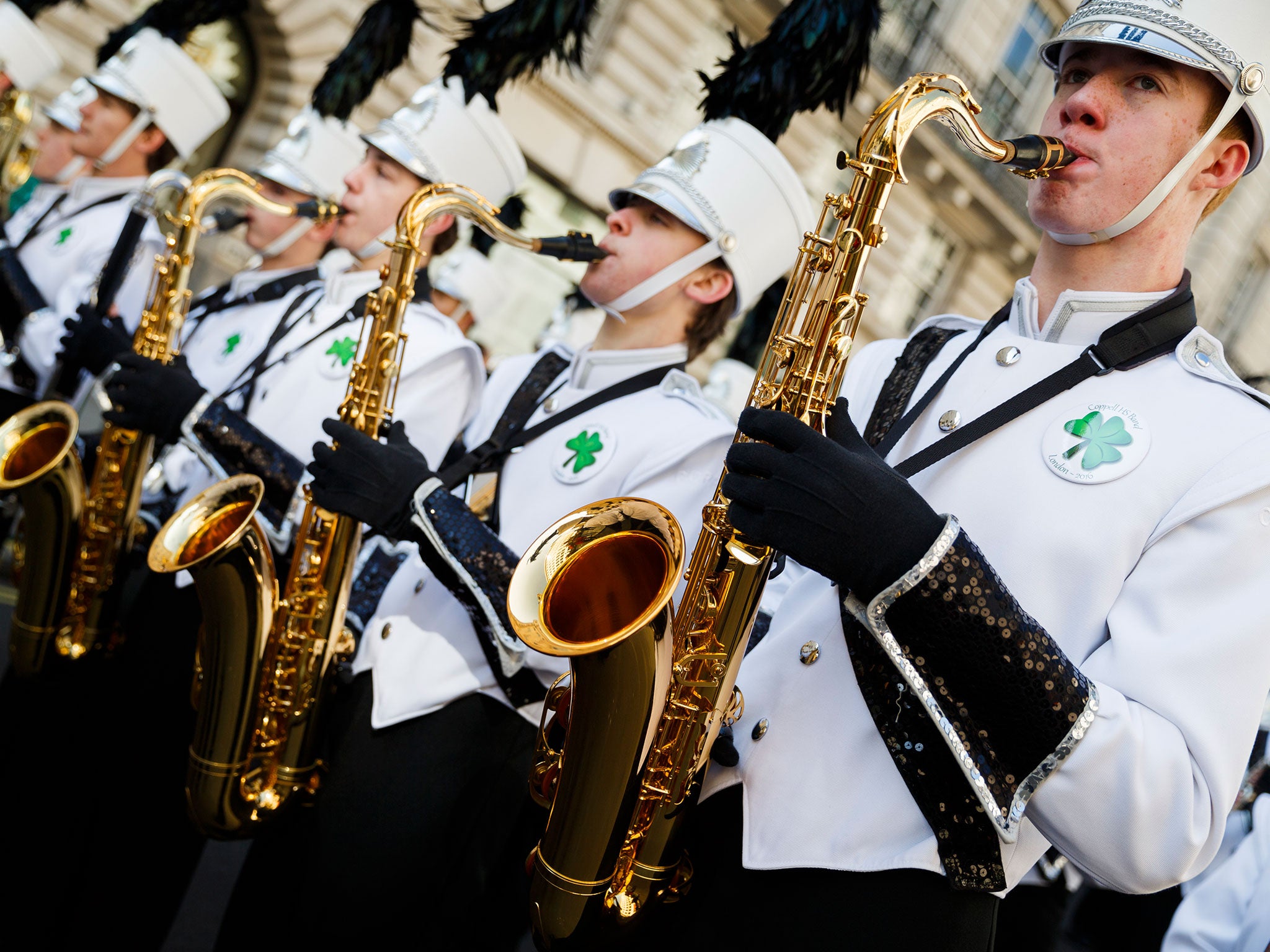 A marching band celebrates at a London parade for Saint Patrick's Day