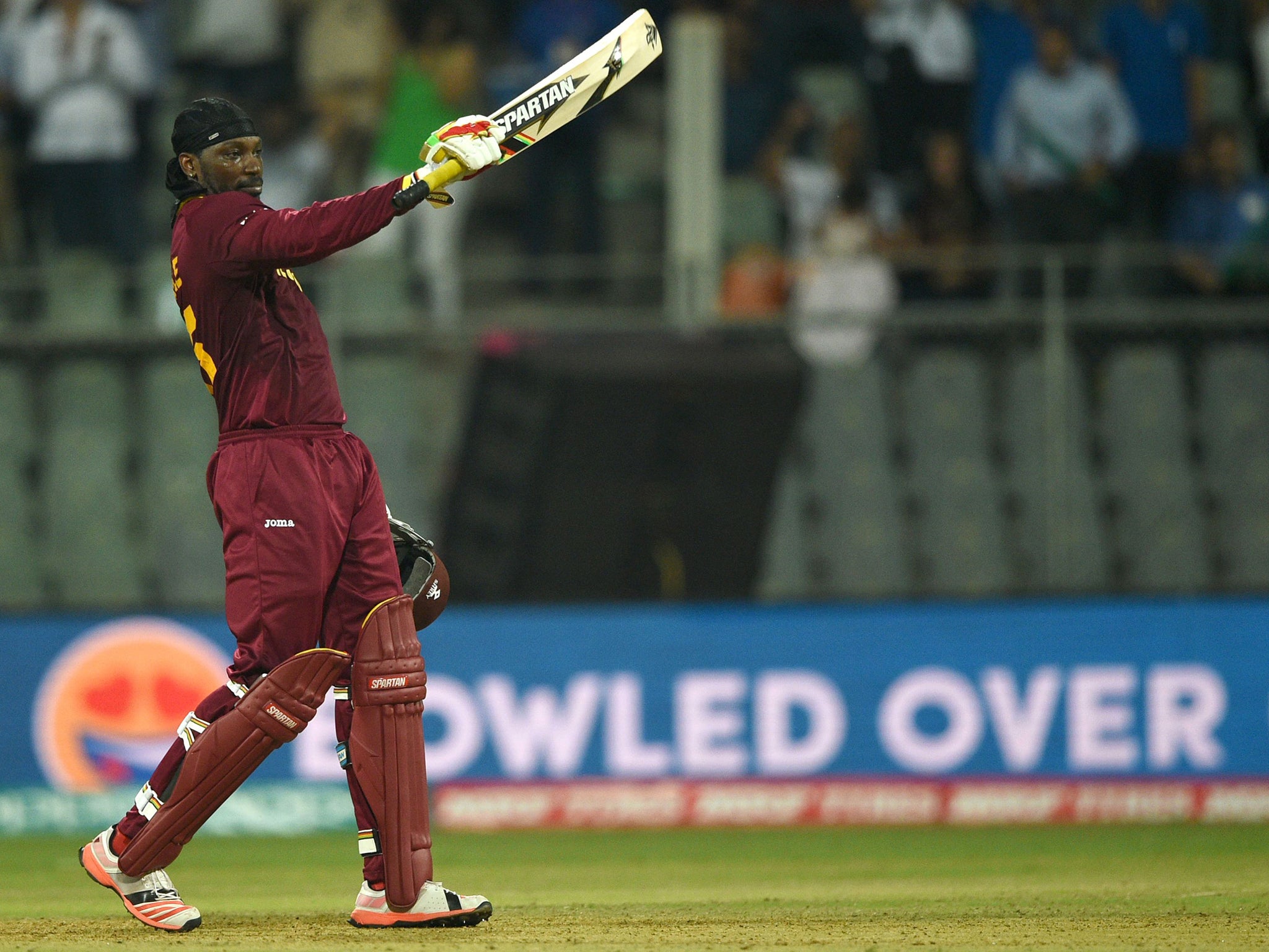 &#13;
Chris Gayle celebrates his century against England&#13;