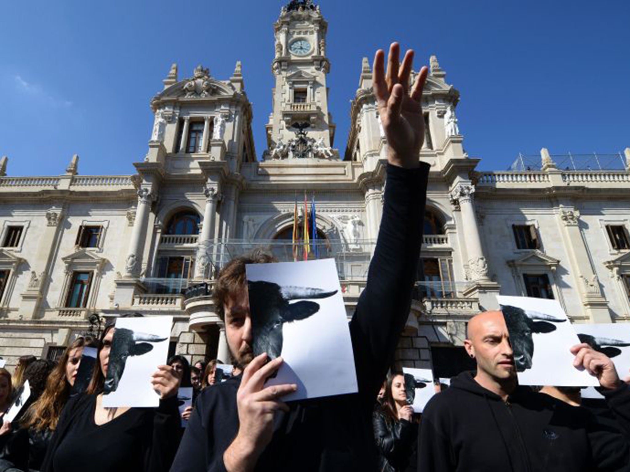 Activists take a stand against bullfighting in front of Valencia city hall