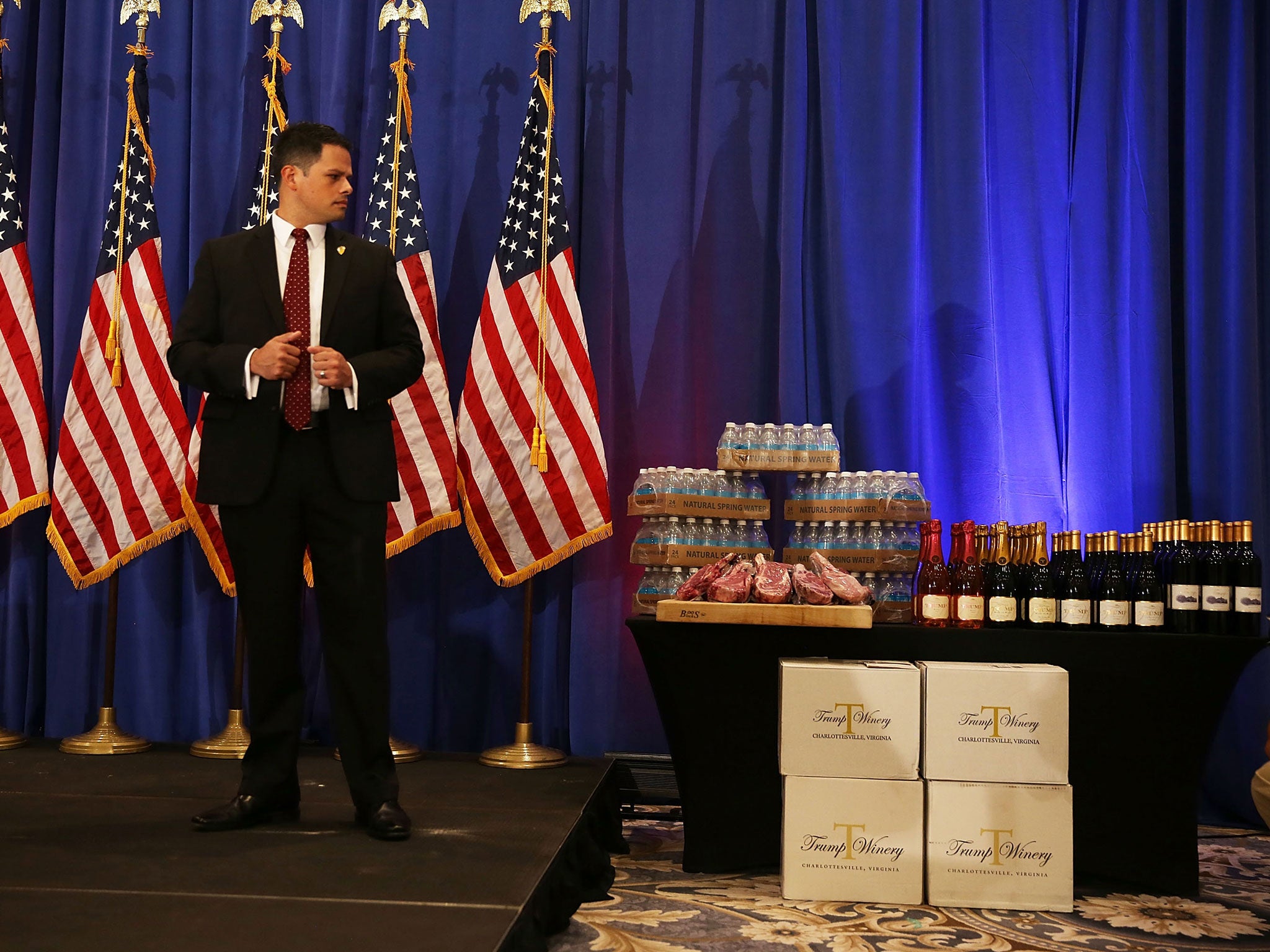 Boxes from Trump Winery stacked up ahead of a press conference held by Donald Trump earlier this month (Getty)