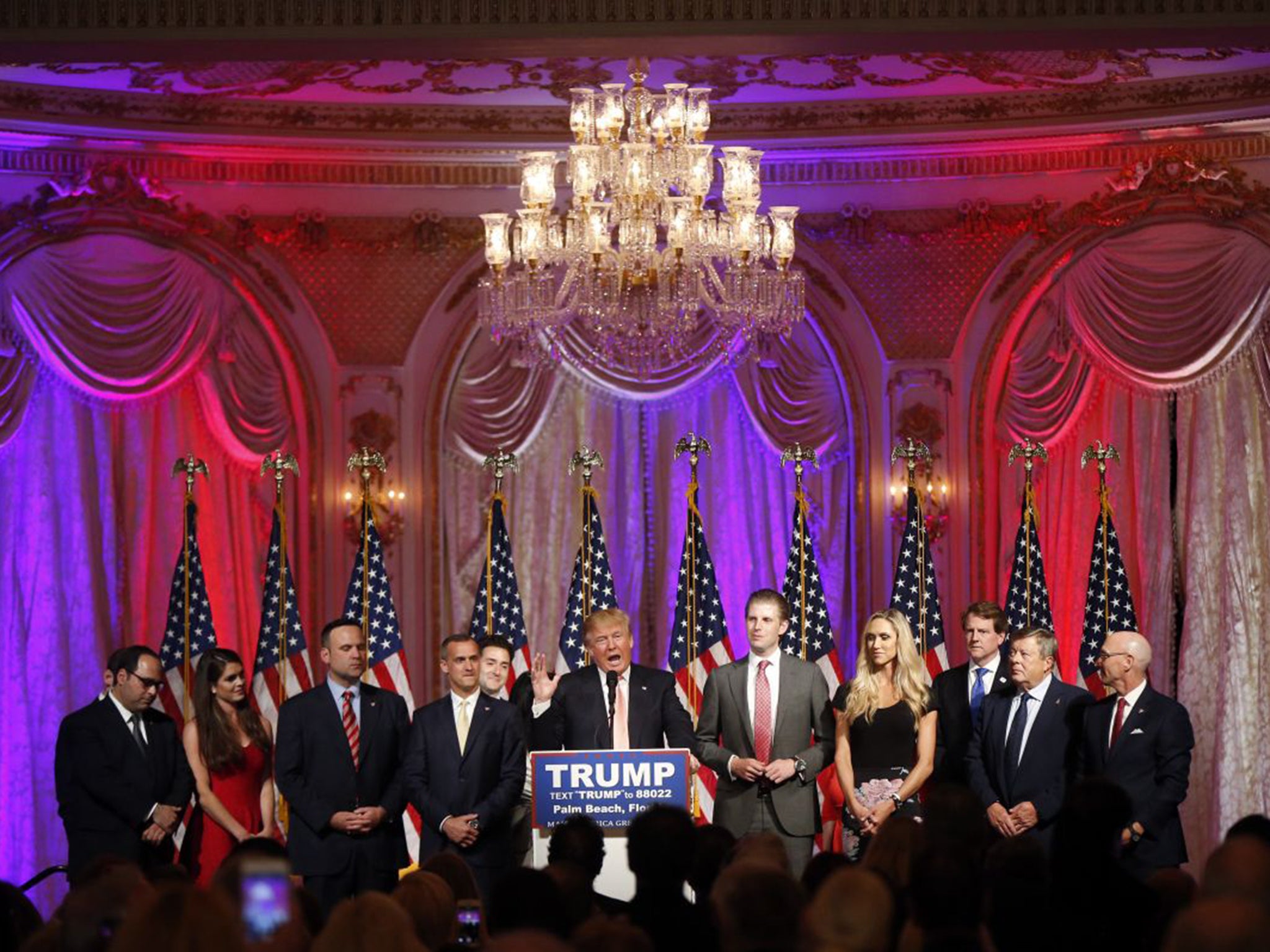 Republican presidential front-runner Donald Trump on bullish form as he addresses supporters at a primary election night event at his Mar-a-Lago Club in Palm Beach, Florida,