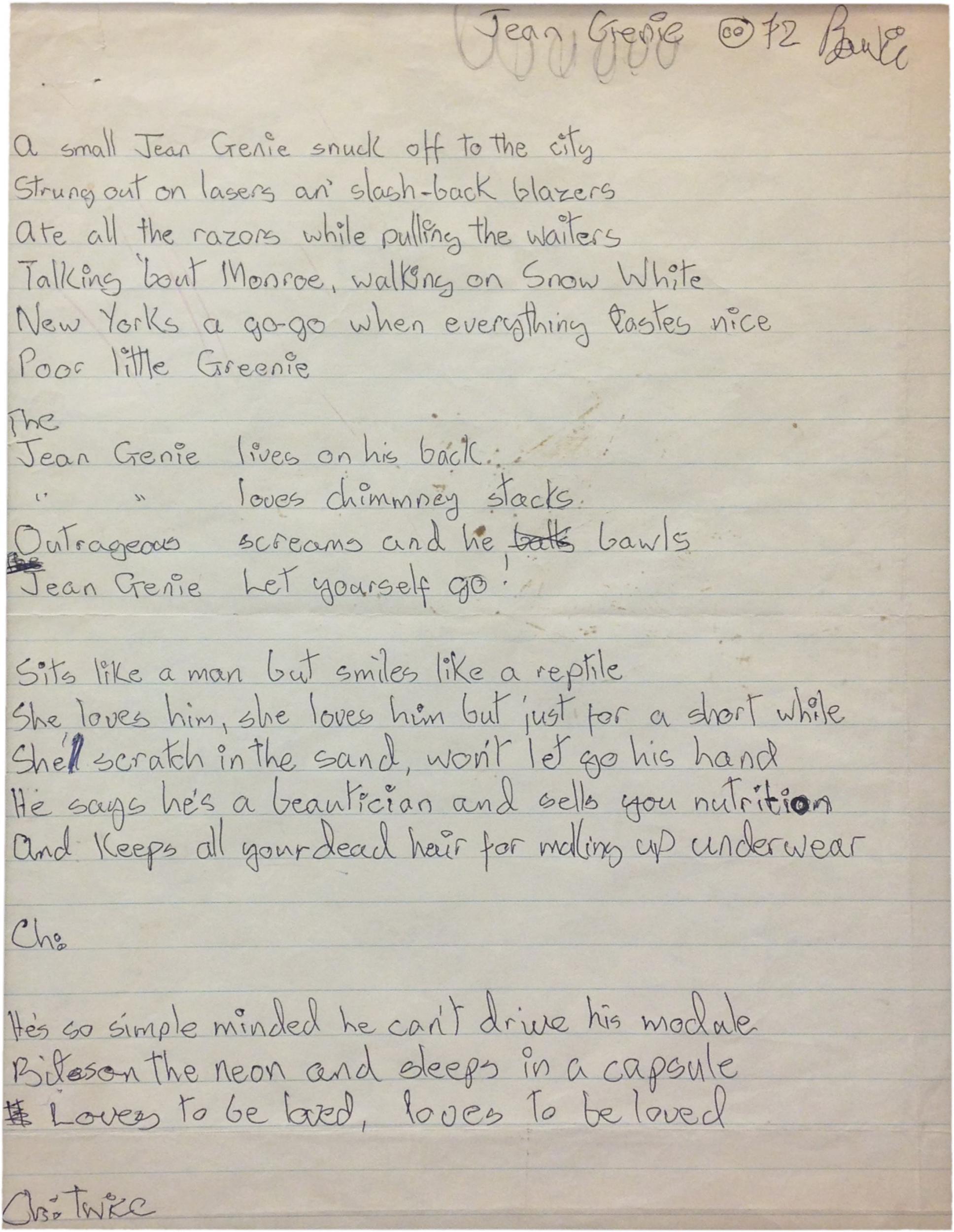 Handwritten lyrics to Bowie's 'The Jean Genie'