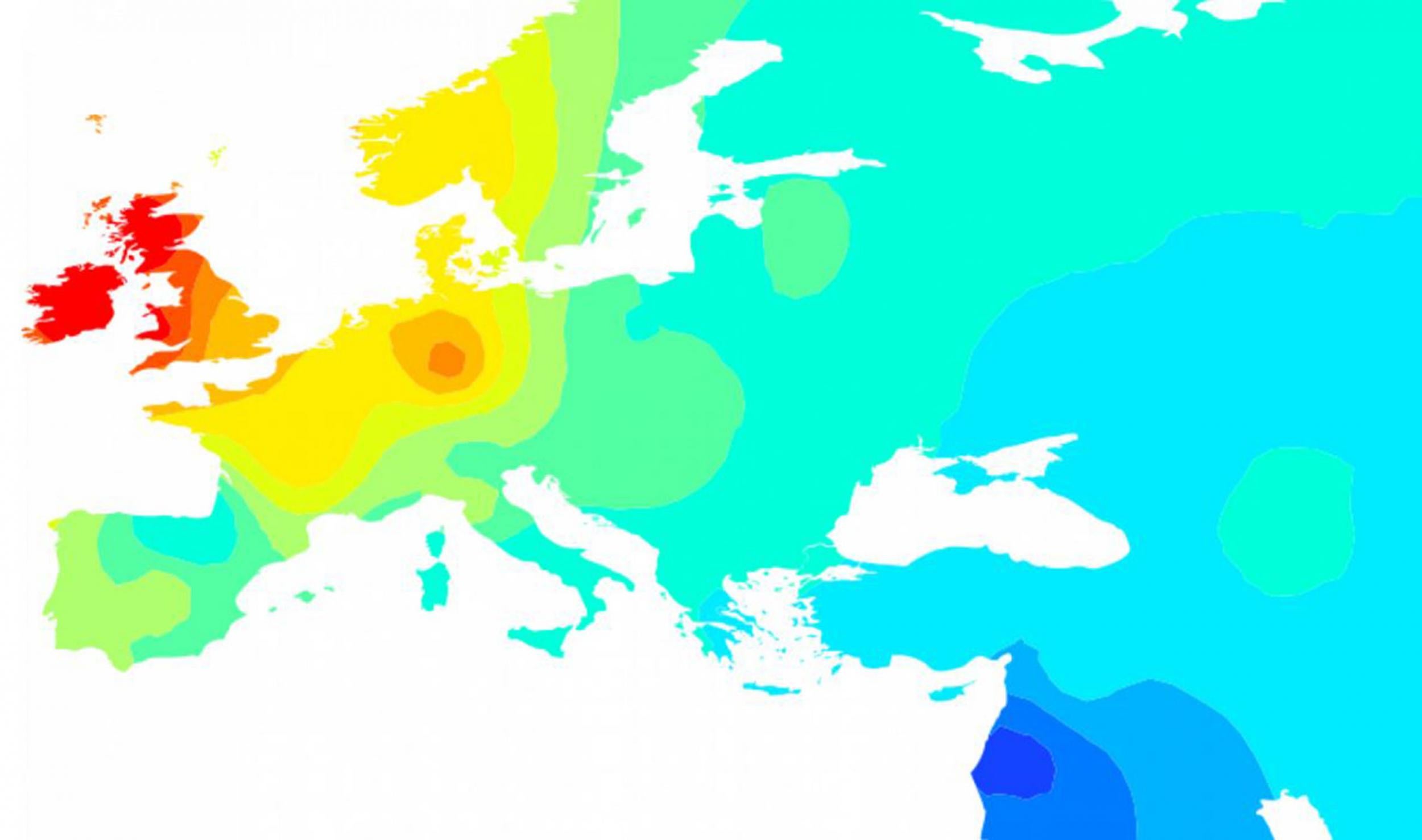 This heat map shows how the DNA taken from the 4,000-year-old bones discovered in Northern Ireland relates to DNA of modern European populations. The red coloring over the British Isles indicates that the bones are most like the modern populations there.