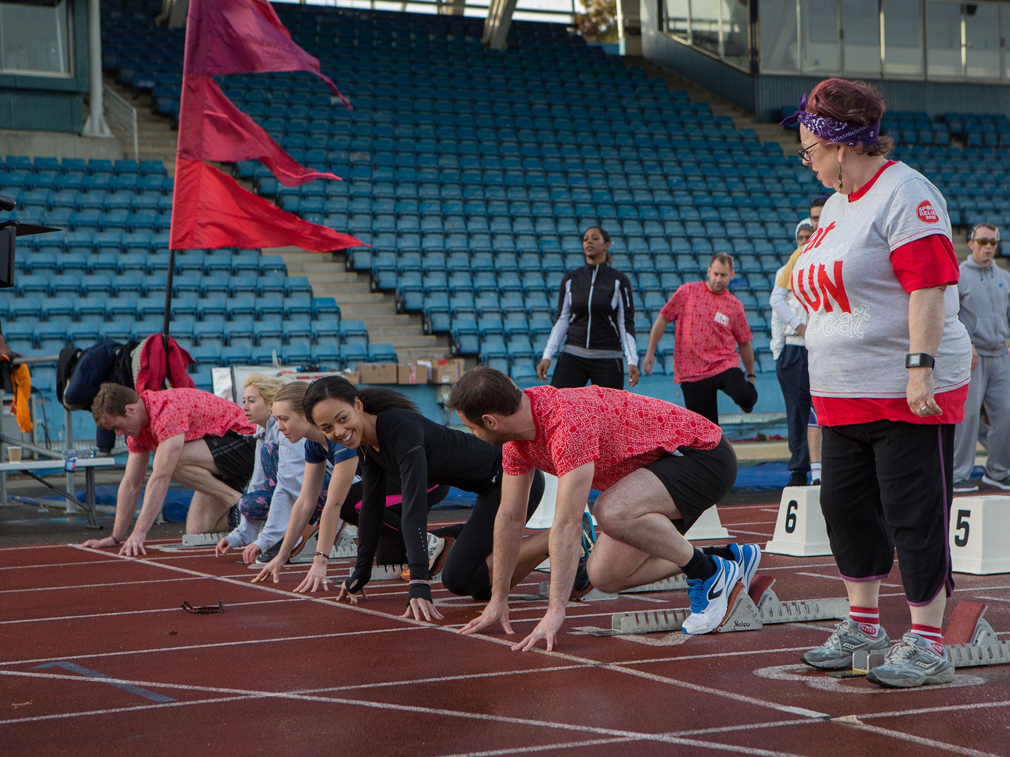 On their marks: Katarina Johnson-Thompson, Danny Dyer and Jo Brand