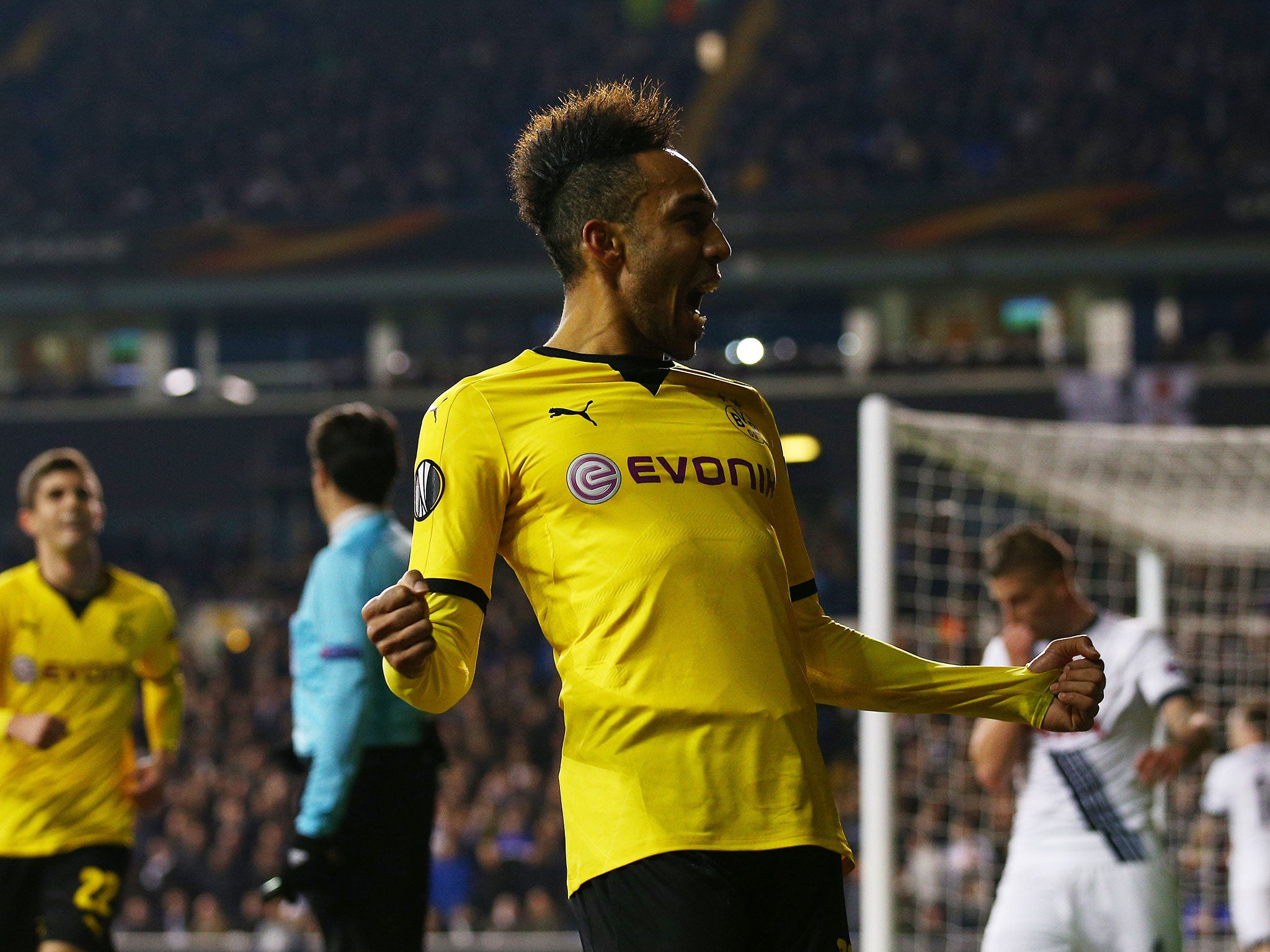 Pierre-Emerick Aubameyang celebrates scoring at White Hart Lane