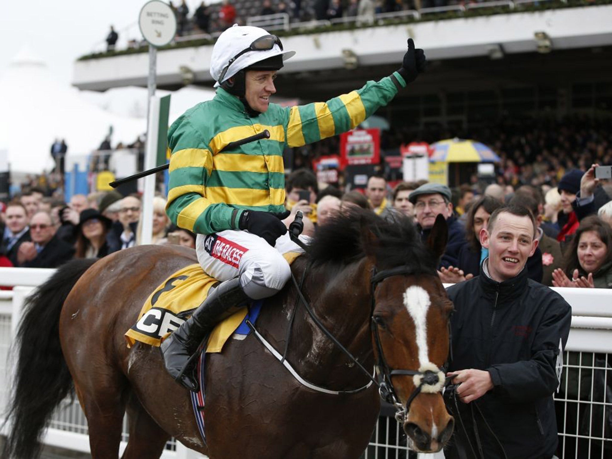 Barry Geraghty celebrates after riding Ivanovich Gorbatov to victory in the Triumph Hurdle