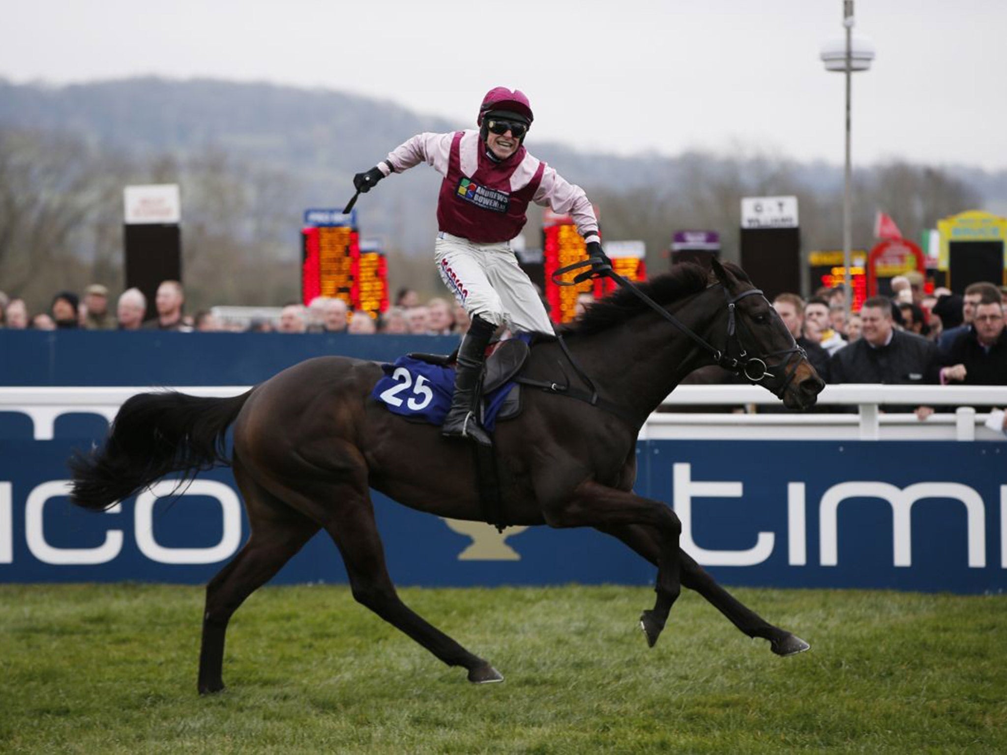 Harry Skelton celebrates winning the County Handicap Hurdle on Superb Story