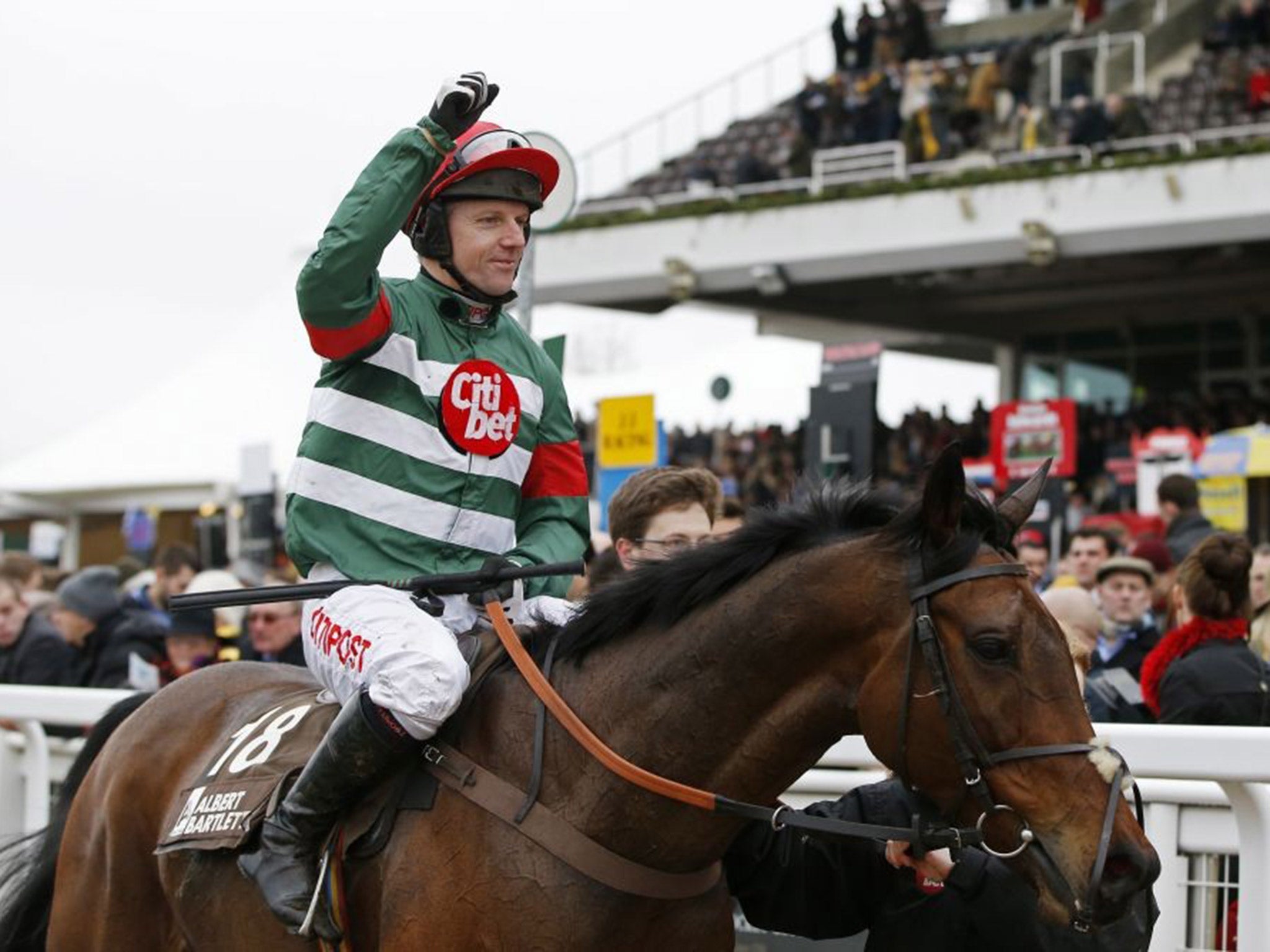 Noel Fehily celebrates on Unowhatimeanharry after riding to victory in the Novices' Hurdle