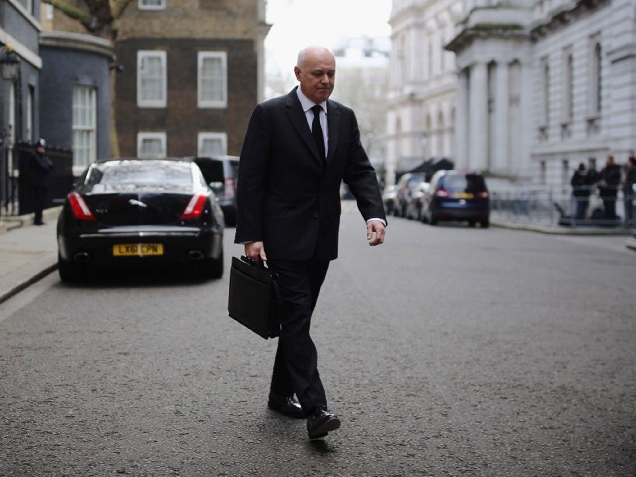 The now former Secretary of State for Work and Pensions Iain Duncan Smith leaves Downing Street after a Cabinet Meeting on March 16, 2016 in London, England