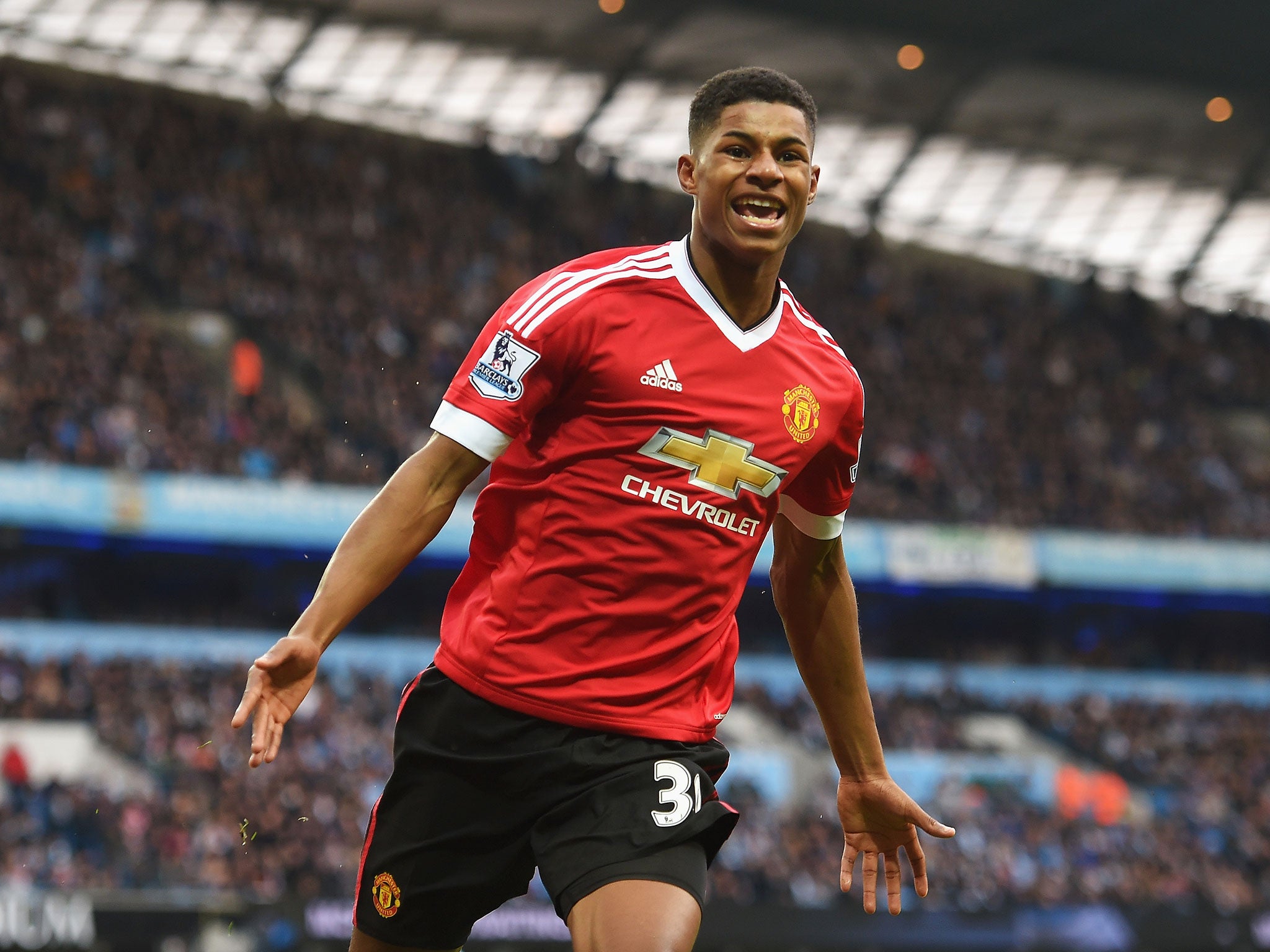 Marcus Rashford celebrates his goal against Manchester City