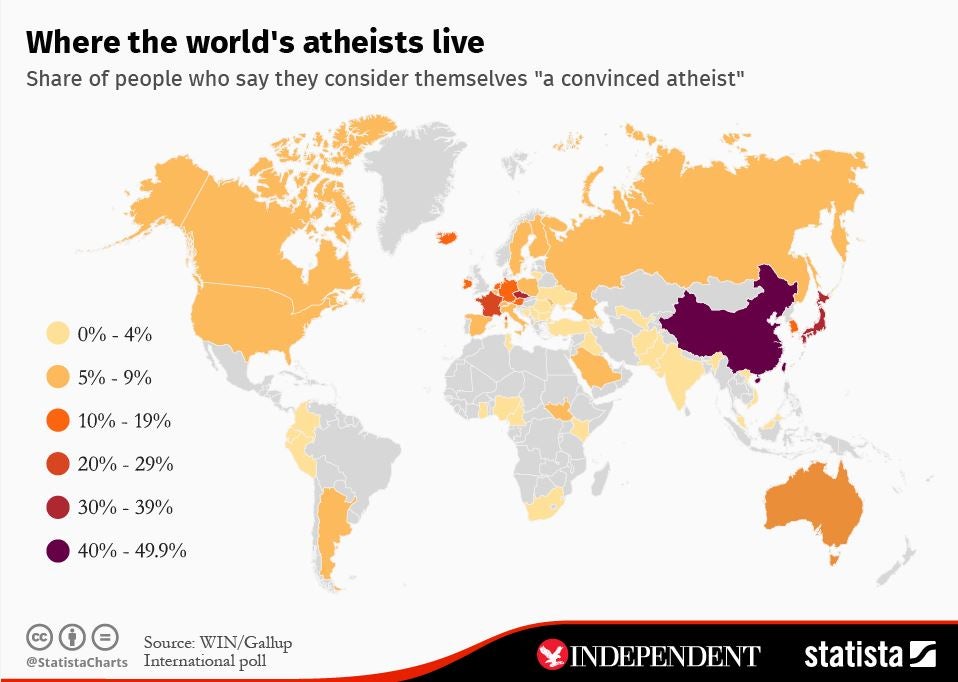 The countries in the world with the most "convinced atheists." Countries in grey were not surveyed.