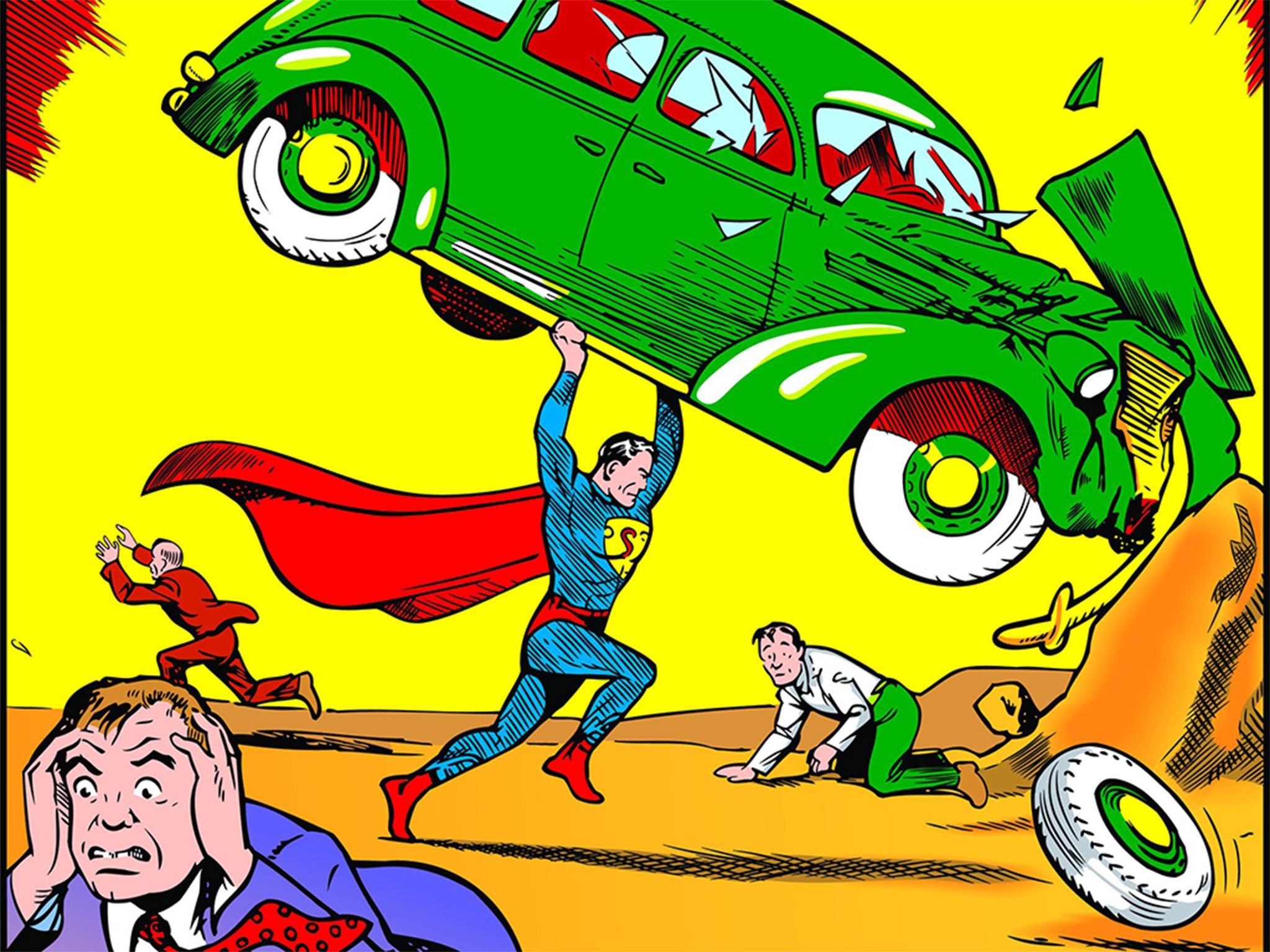 Superman appearing on the cover of Action Comics #1 in April 1938