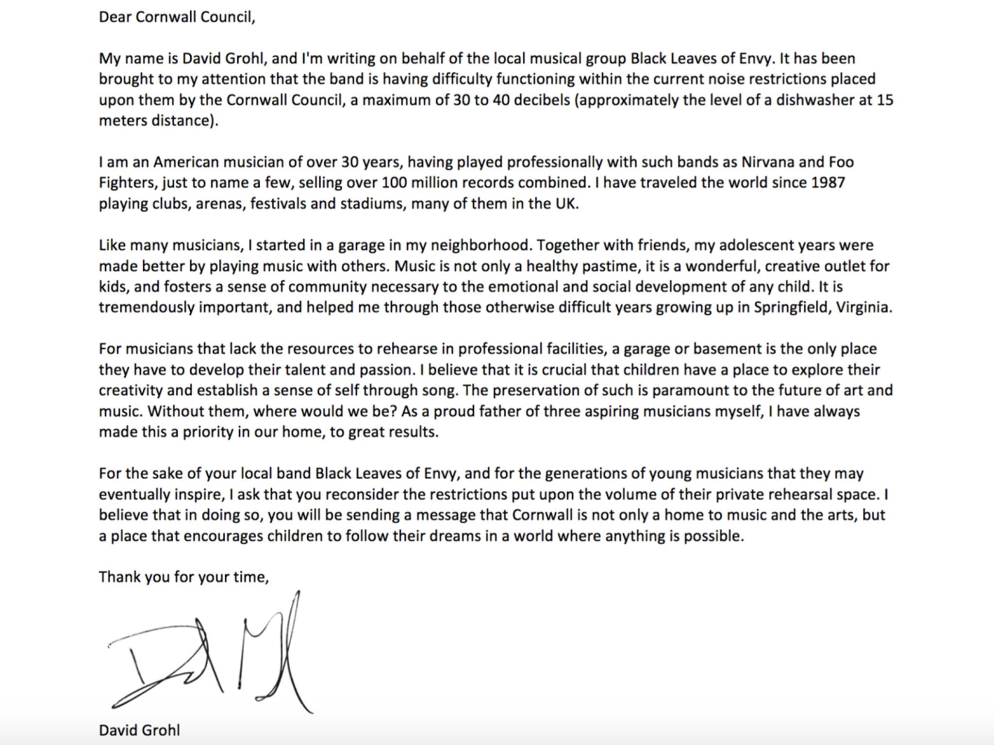 Dave Grohl's open letter to Cornwall Council