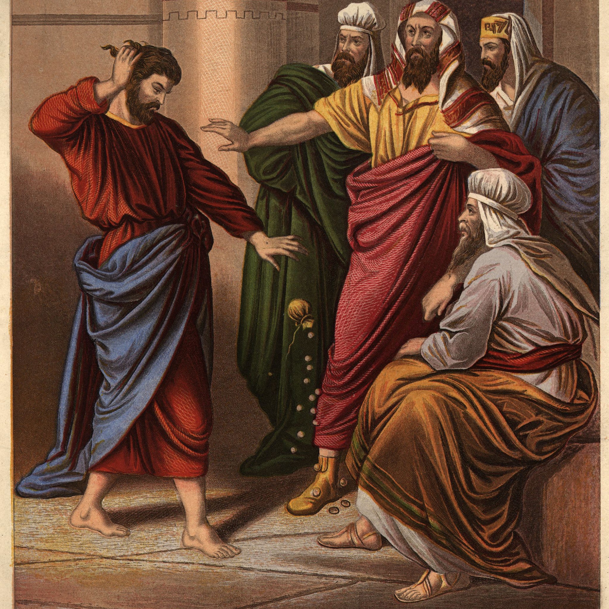 Judas repents his act of betraying Christ by throwing down his thirty pieces of silver