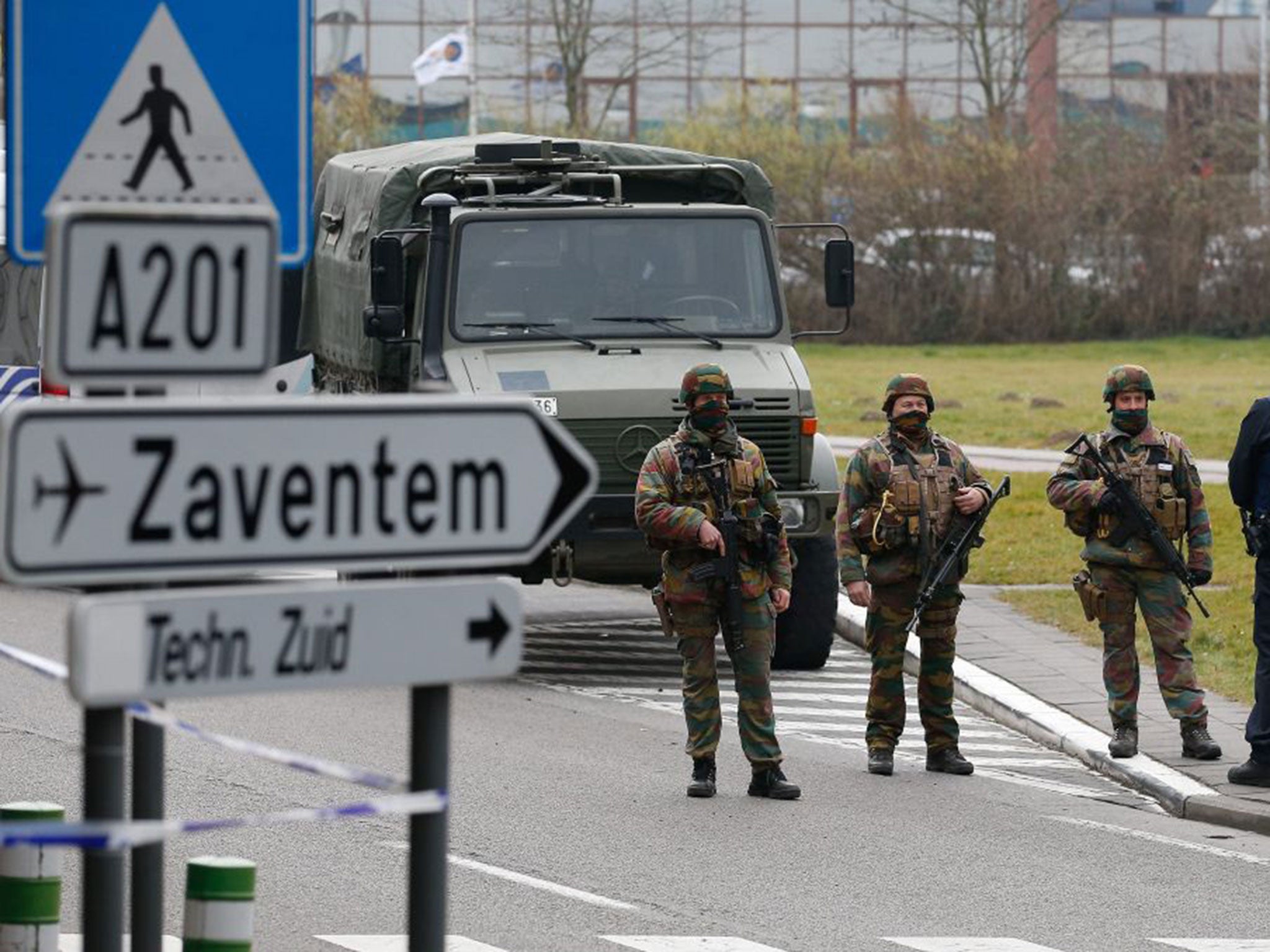 Security forces control the entry to Zaventem Airport