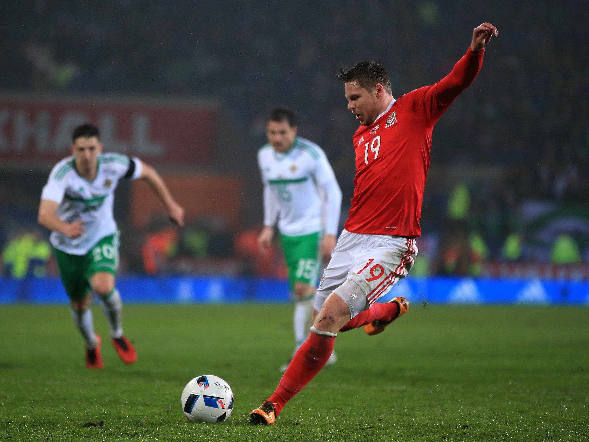 Simon Church steps up to score from the penalty spot in the 89th minute