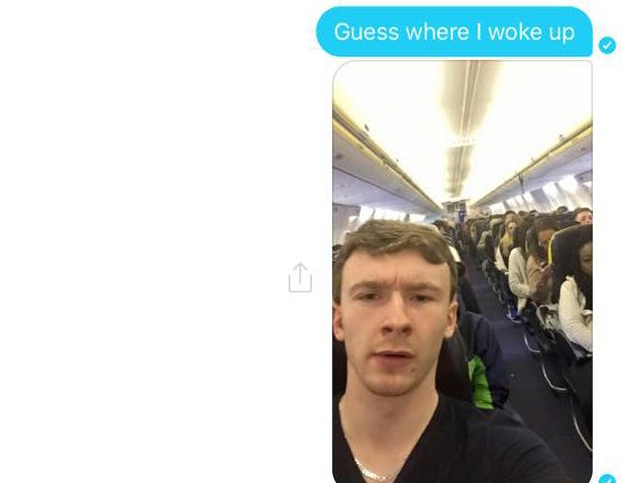 A text message showing Mr Caviel waking up on the Barcelona flight Facebook