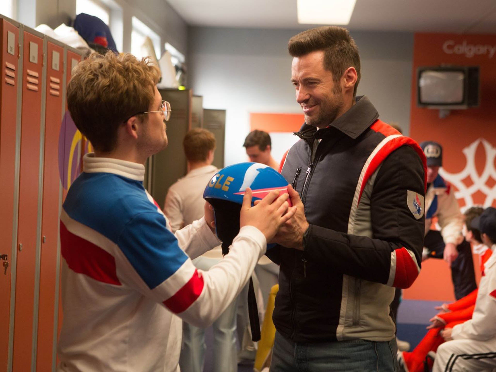 Jump for joy: Taron Egerton and Hugh Jackman in the film