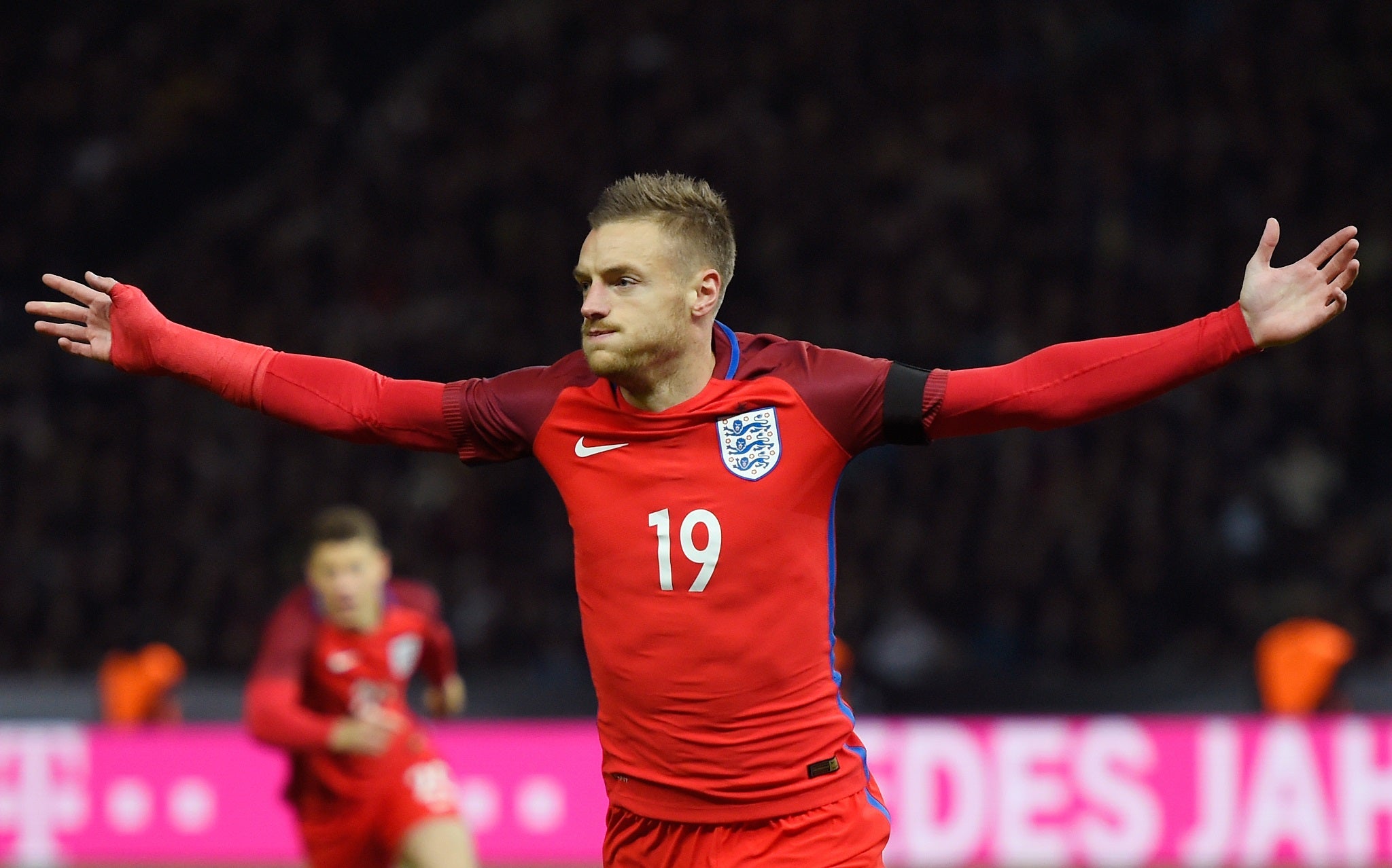 Jamie Vardy celebrates after scoring against Germany