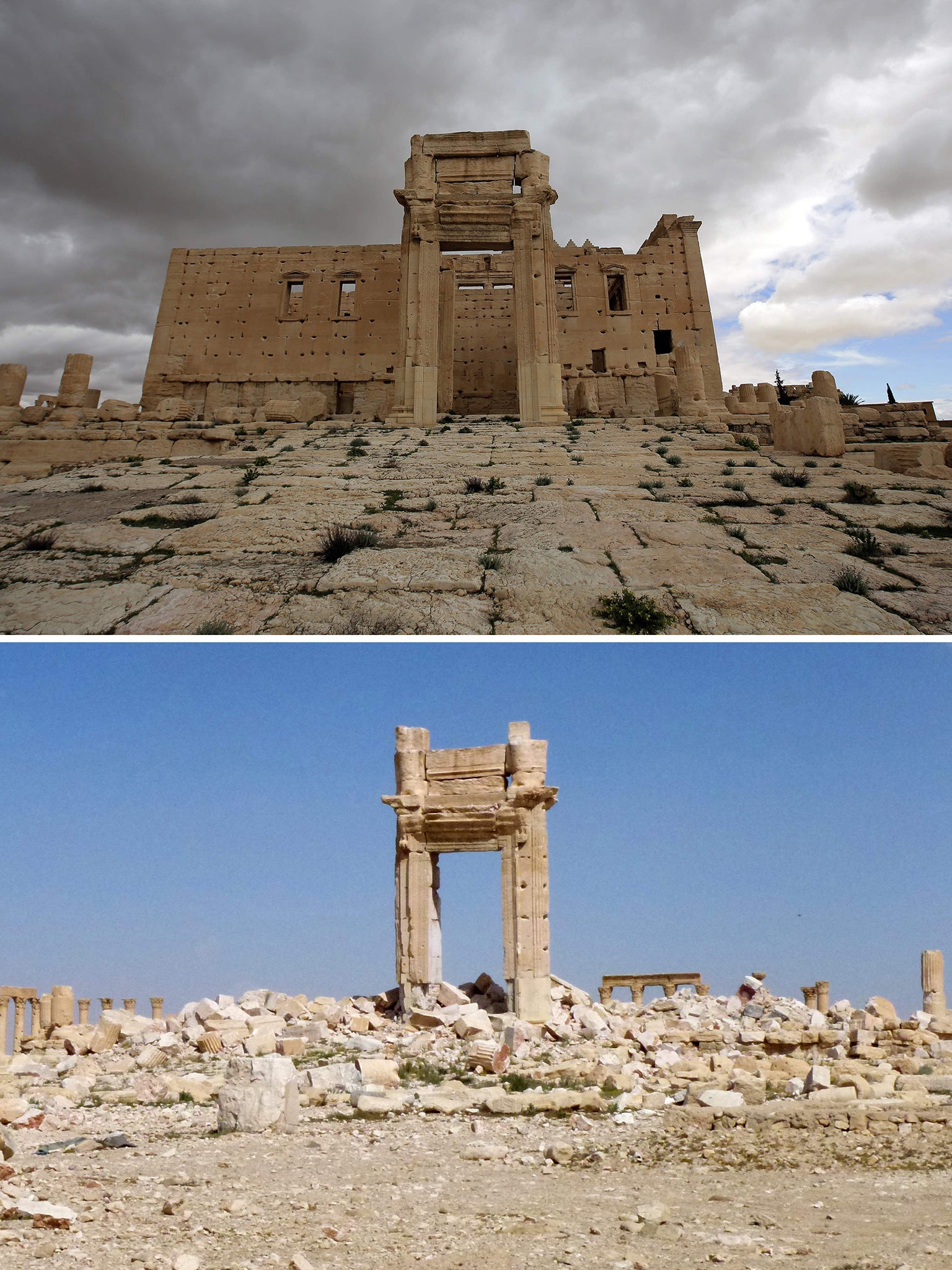 The iconic Temple of Bel prior to being blown up by Isis in September 2015 and the remains of the temple after Syrian troops recaptured the ancient site (AFP/Getty)