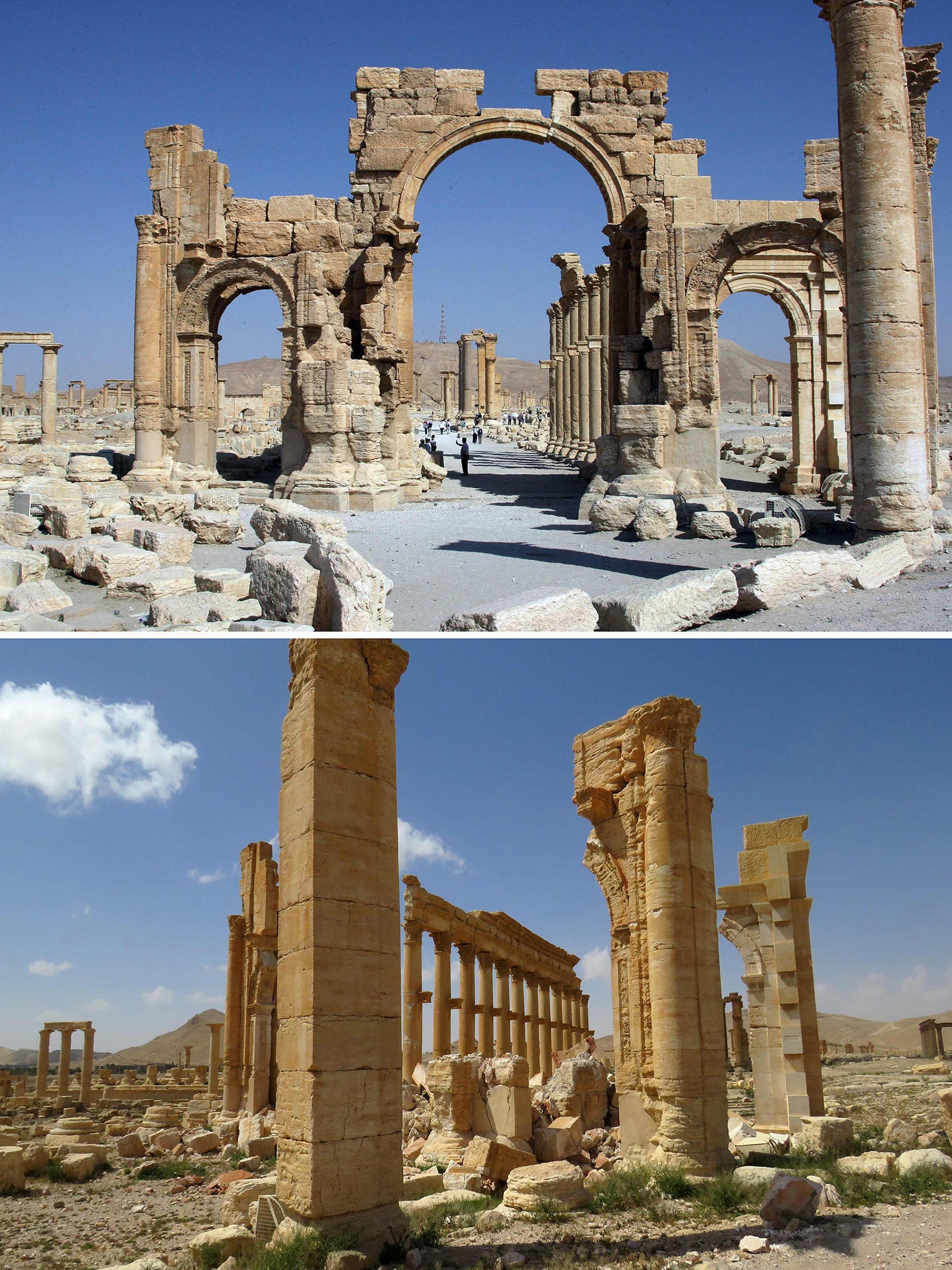 The Arc of Triumph prior to being destroyed by Isis in October 2015 and the remains of the iconic structure after government troops recaptured the ancient city (AFP/Getty)