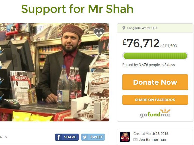 A fundraising page set up by Mr Shah's customers has received more than £70,000 in donations