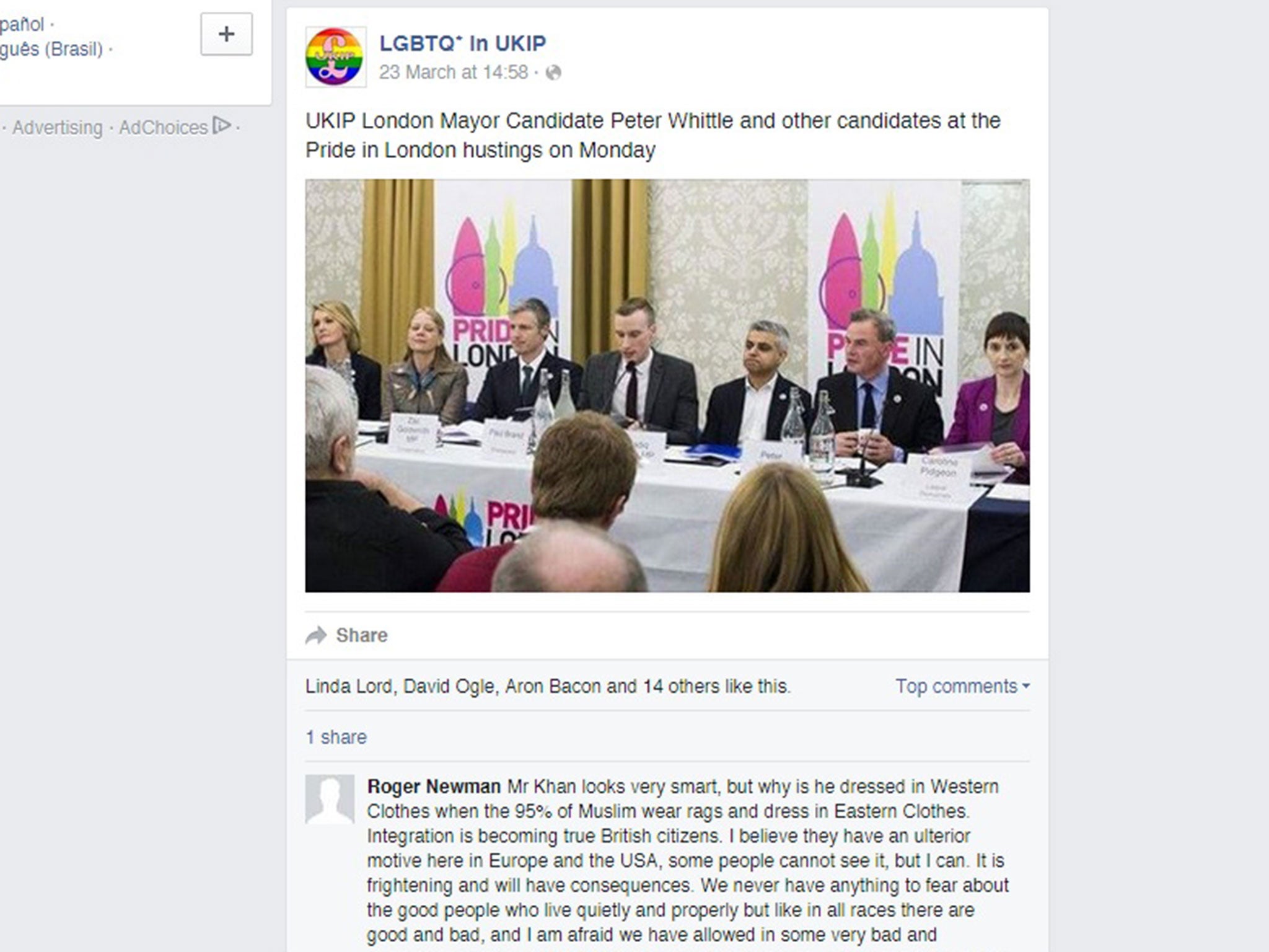 The derogatory comments were posted under a photo of London mayoral candidates at recent hustings and appeared to be aimed at Labour politician Sadiq Khan