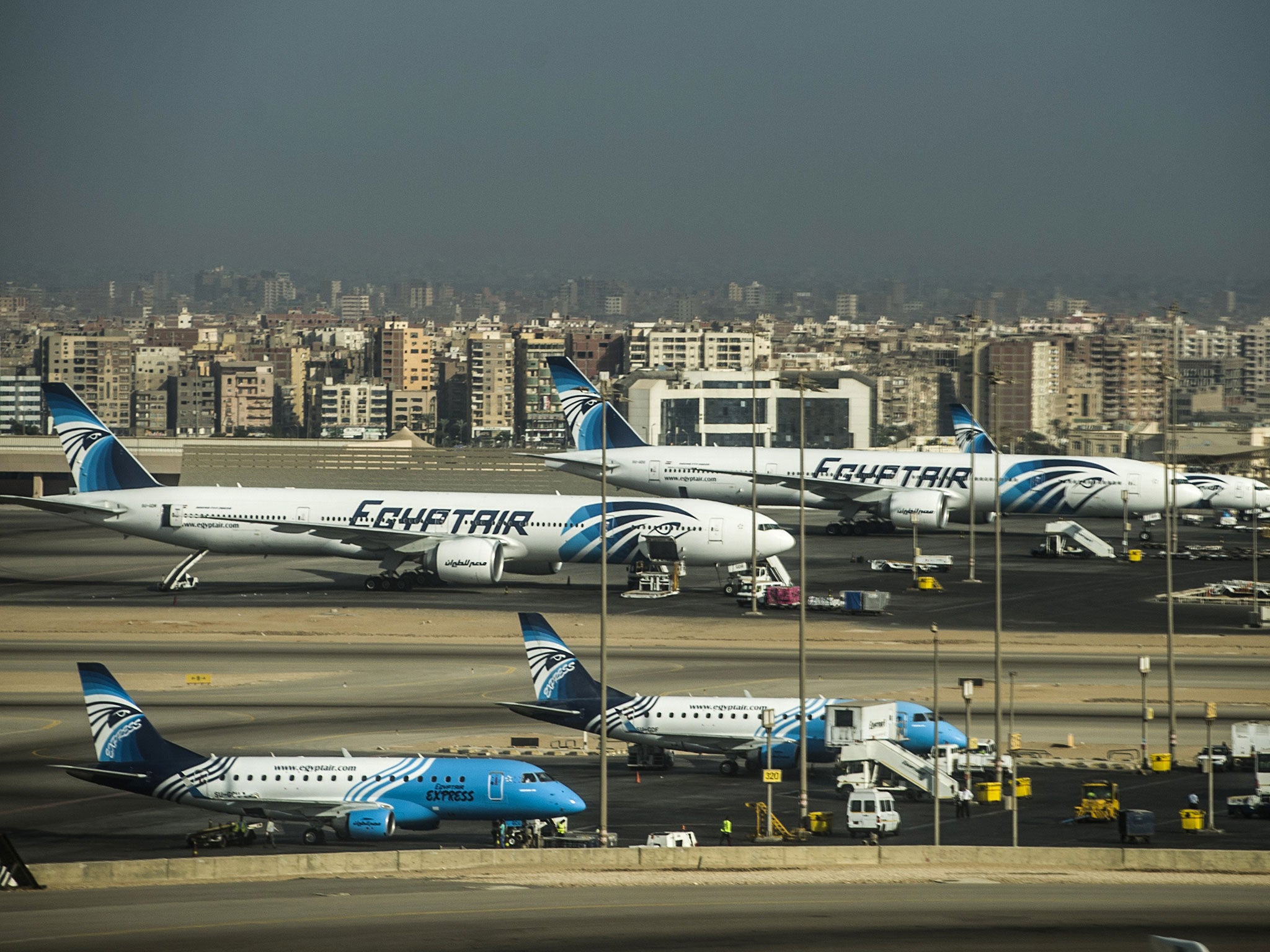 A picture taken on September 30, 2015 shows Egypt Air planes on the tarmac of Cairo Airport.