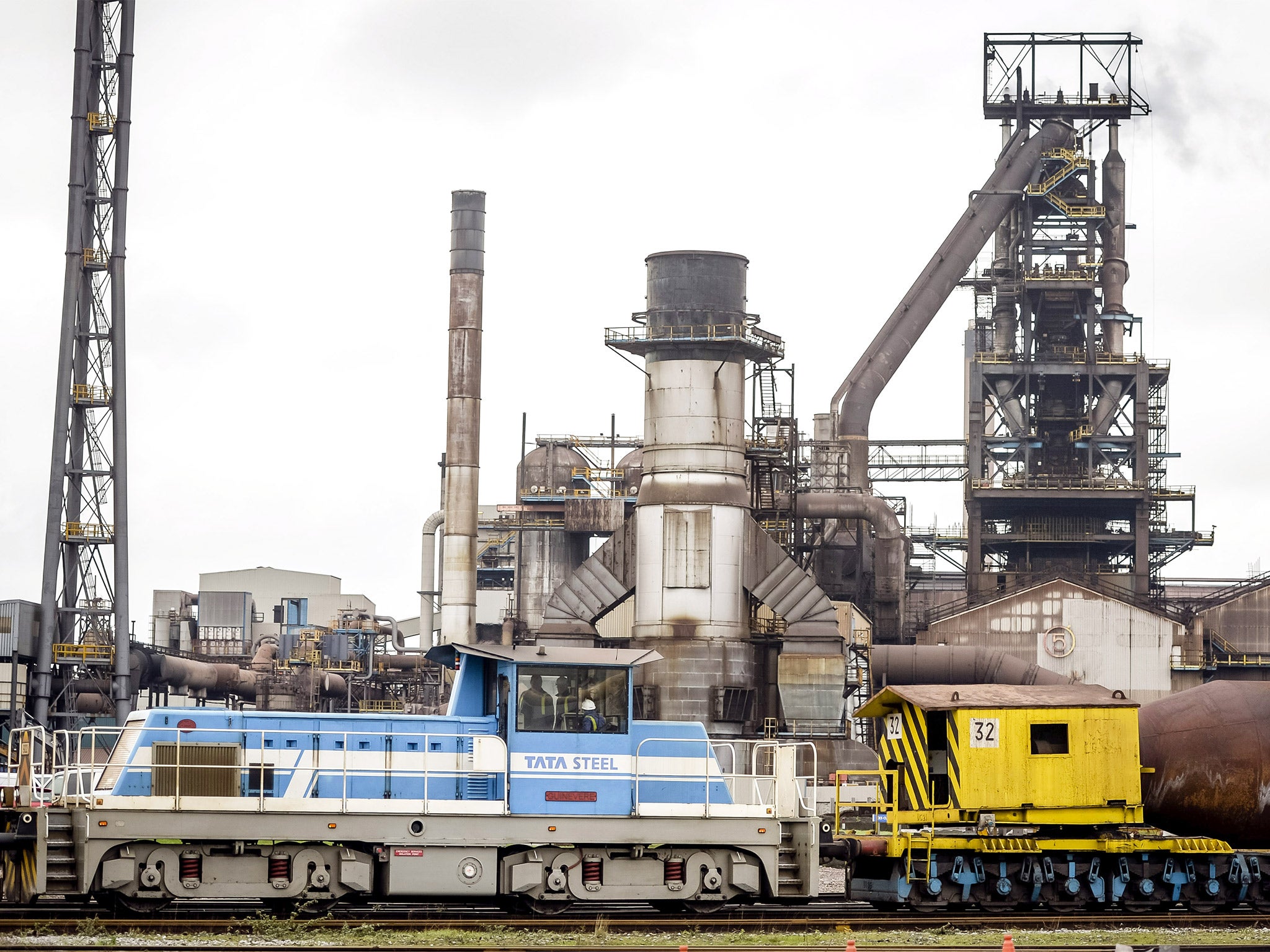 A train carries molten iron at the Tata steel plant in Port Talbot