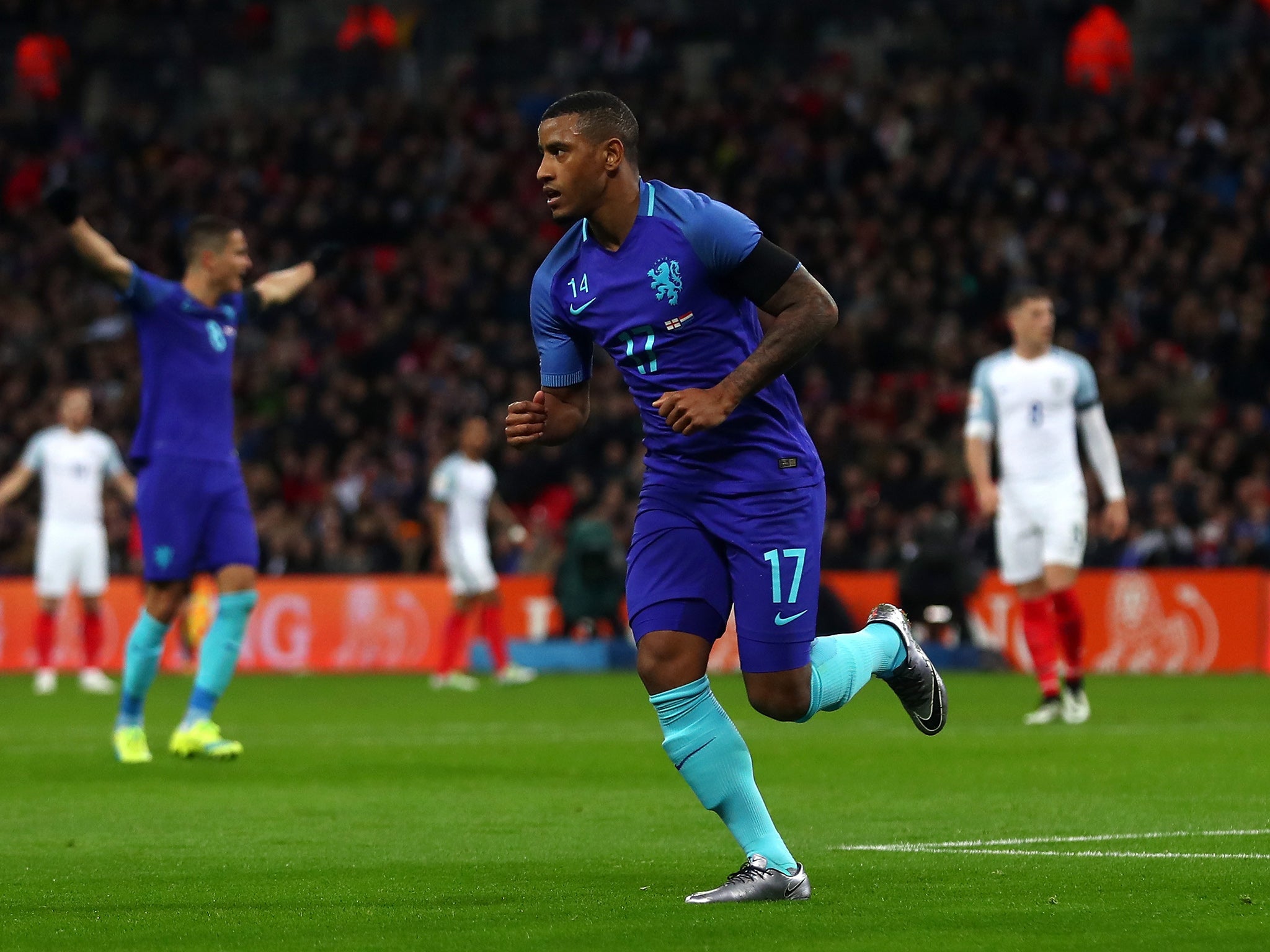 Narsingh wheels away in celebration after scoring against England