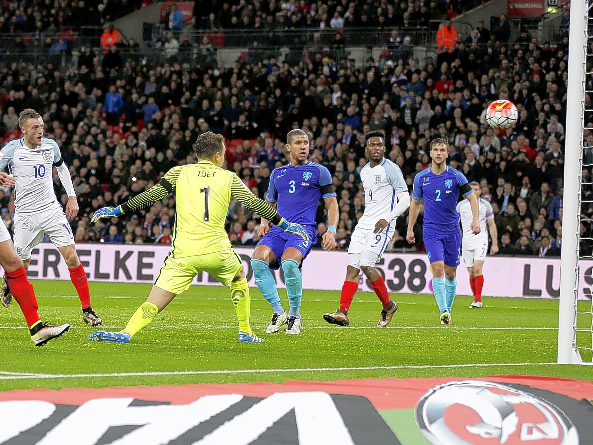 Jamie Vardy fires England in front against the Netherlands