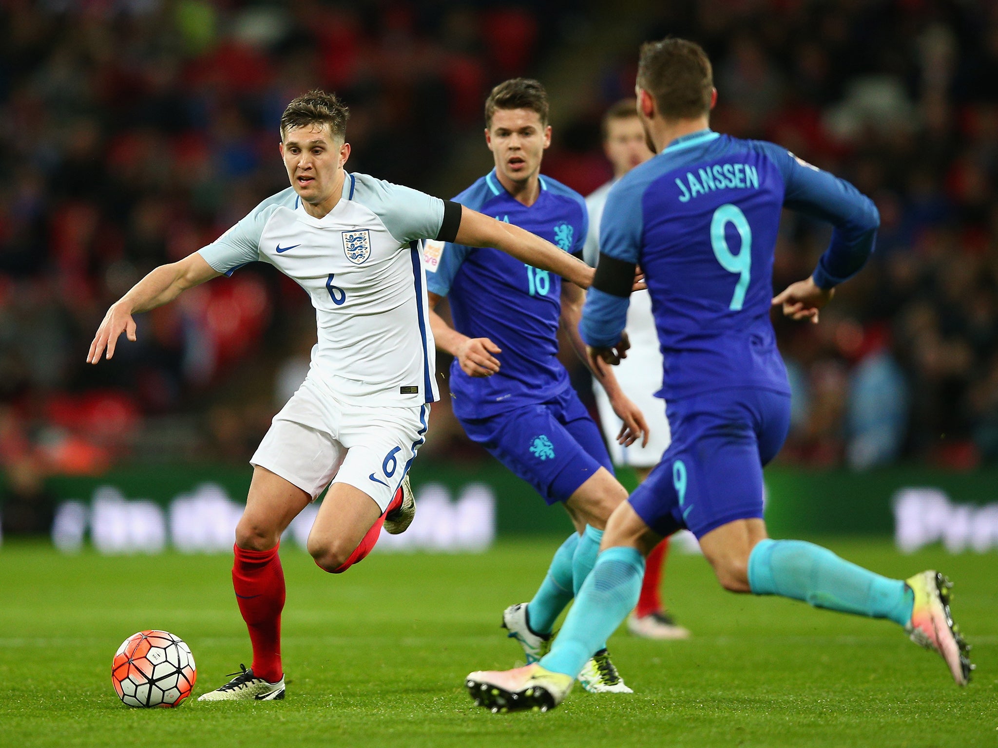 The Netherlands’ first goal came as a result of slip by John Stones when the Everton defender (left) should have cleared