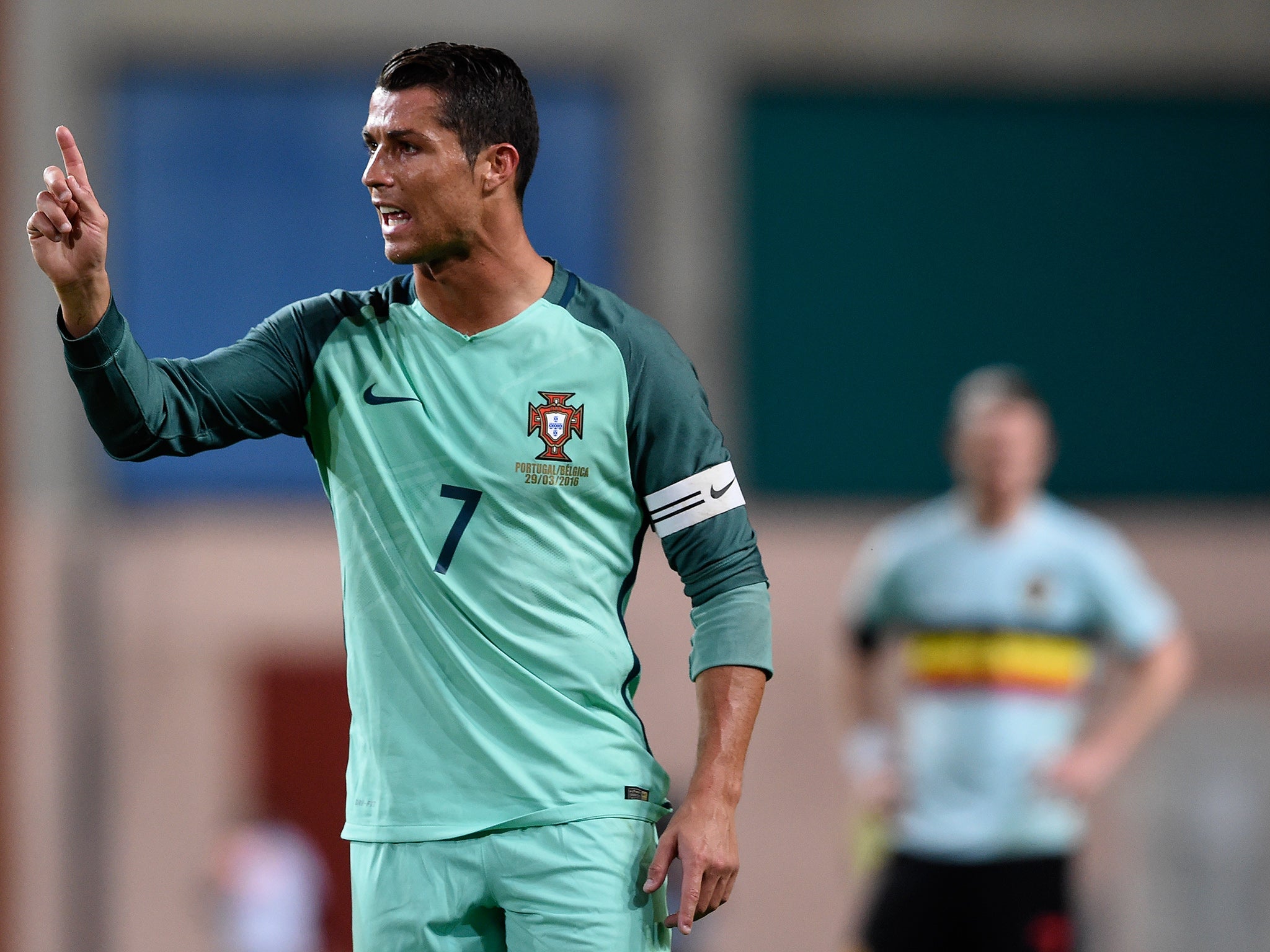 Cristiano Ronaldo makes a gesture for Portugal this week