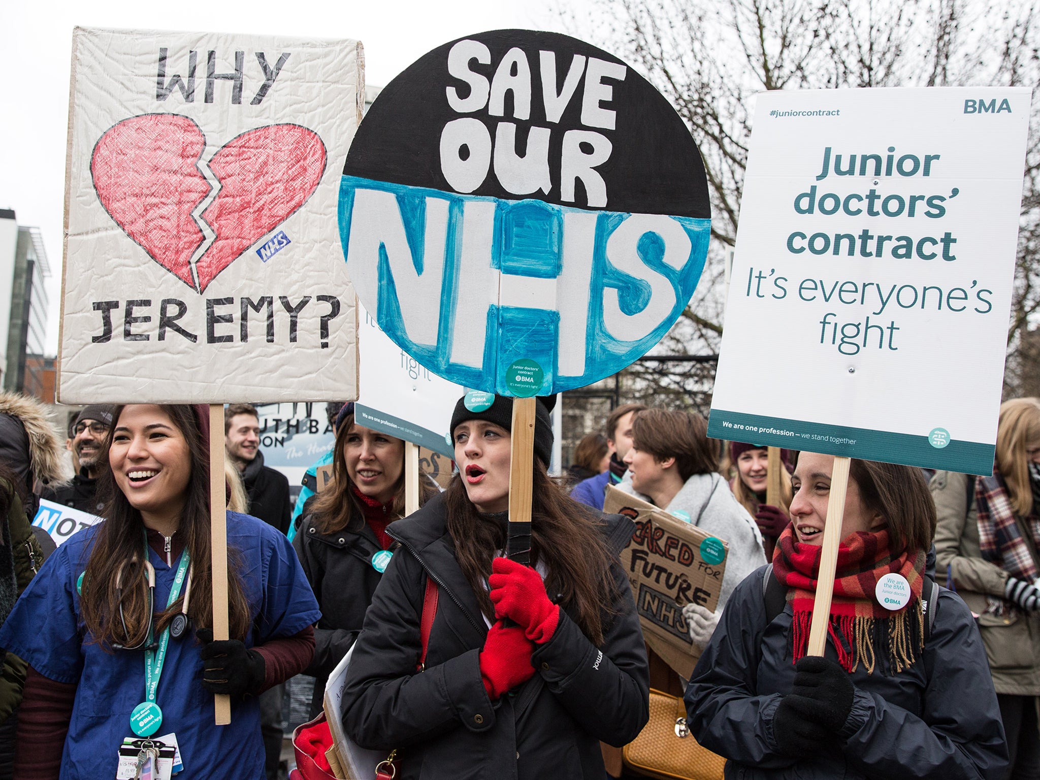 Junior Doctors protest outside the St Thomas' Hospital in London