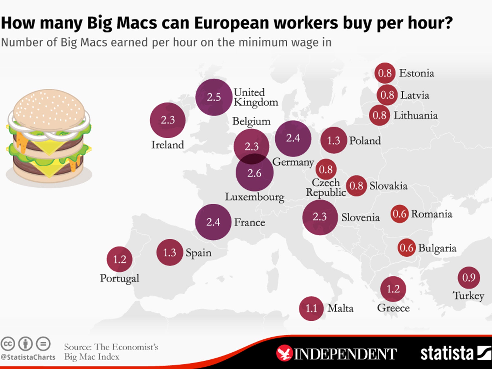 A map showing the number of burgers earned per hour on the minimum wage in countries across Europe