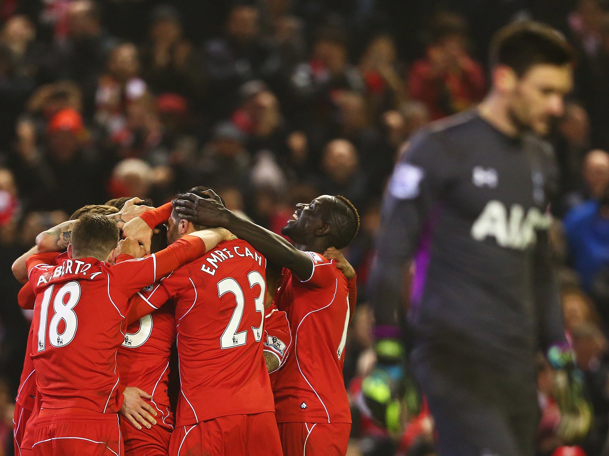 Liverpool's players celebrate Mario Balotelli's late winner in the reverse fixture last season