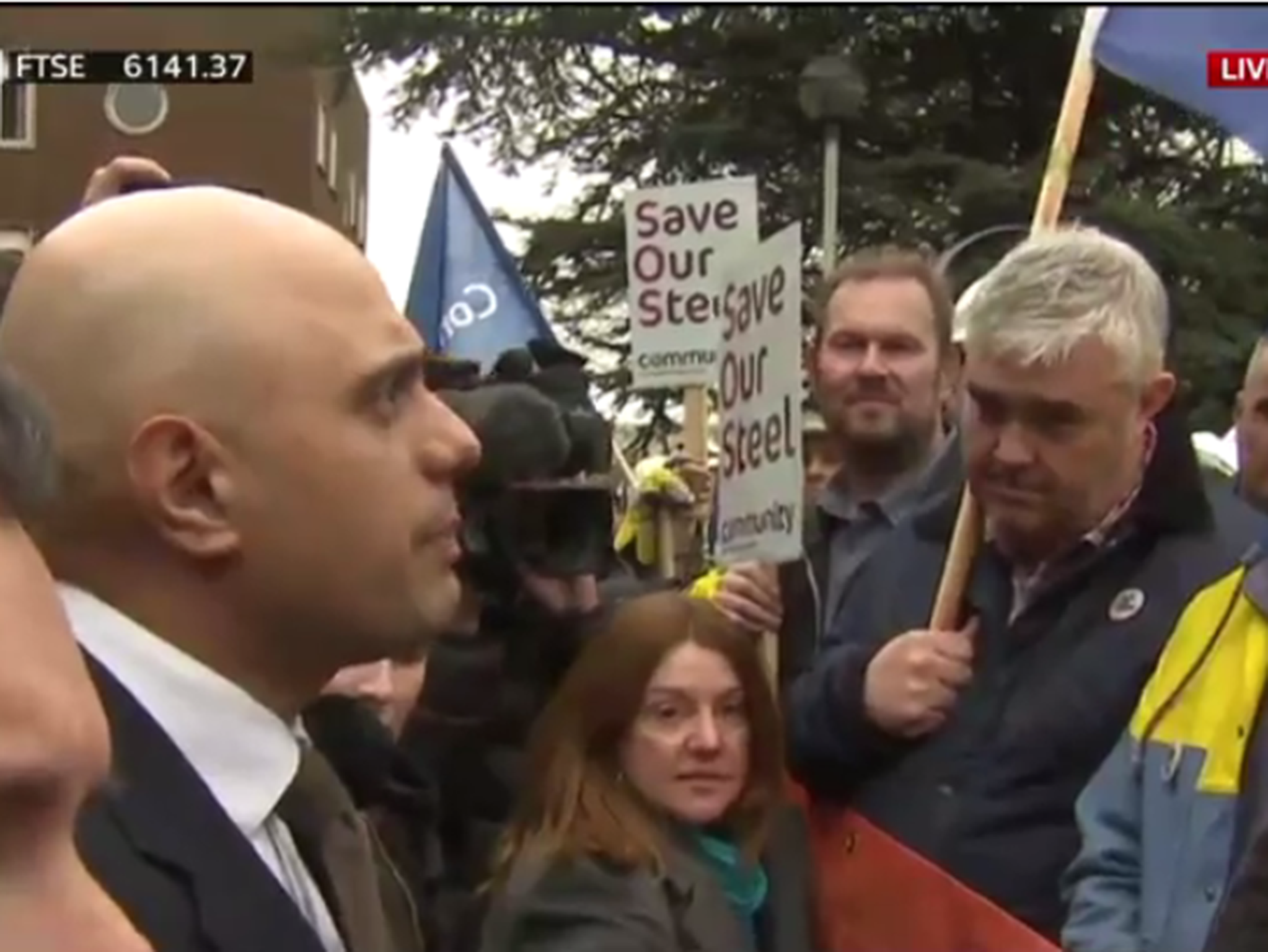 Business Secretary Sajid Javid addresses steel workers at Port Talbot