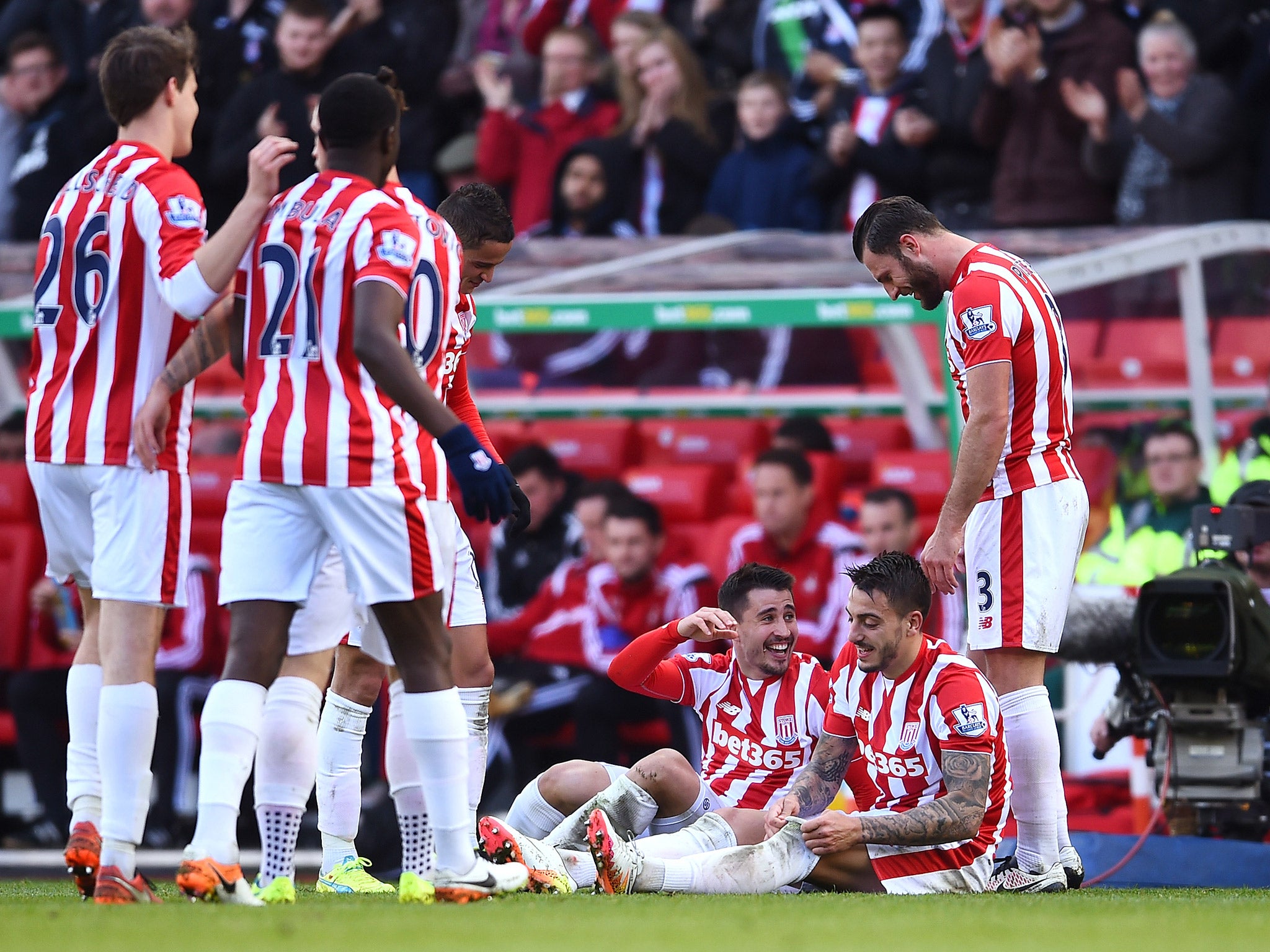 Stoke celebrate Bojan's goal to put them 2-1 ahead