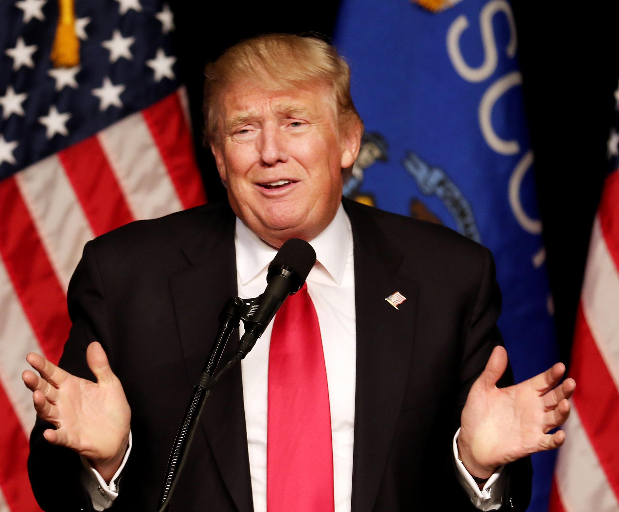 Republican presidential candidate Donald Trump speaks during a rally at Memorial High School in Eau Claire, Wisconsin