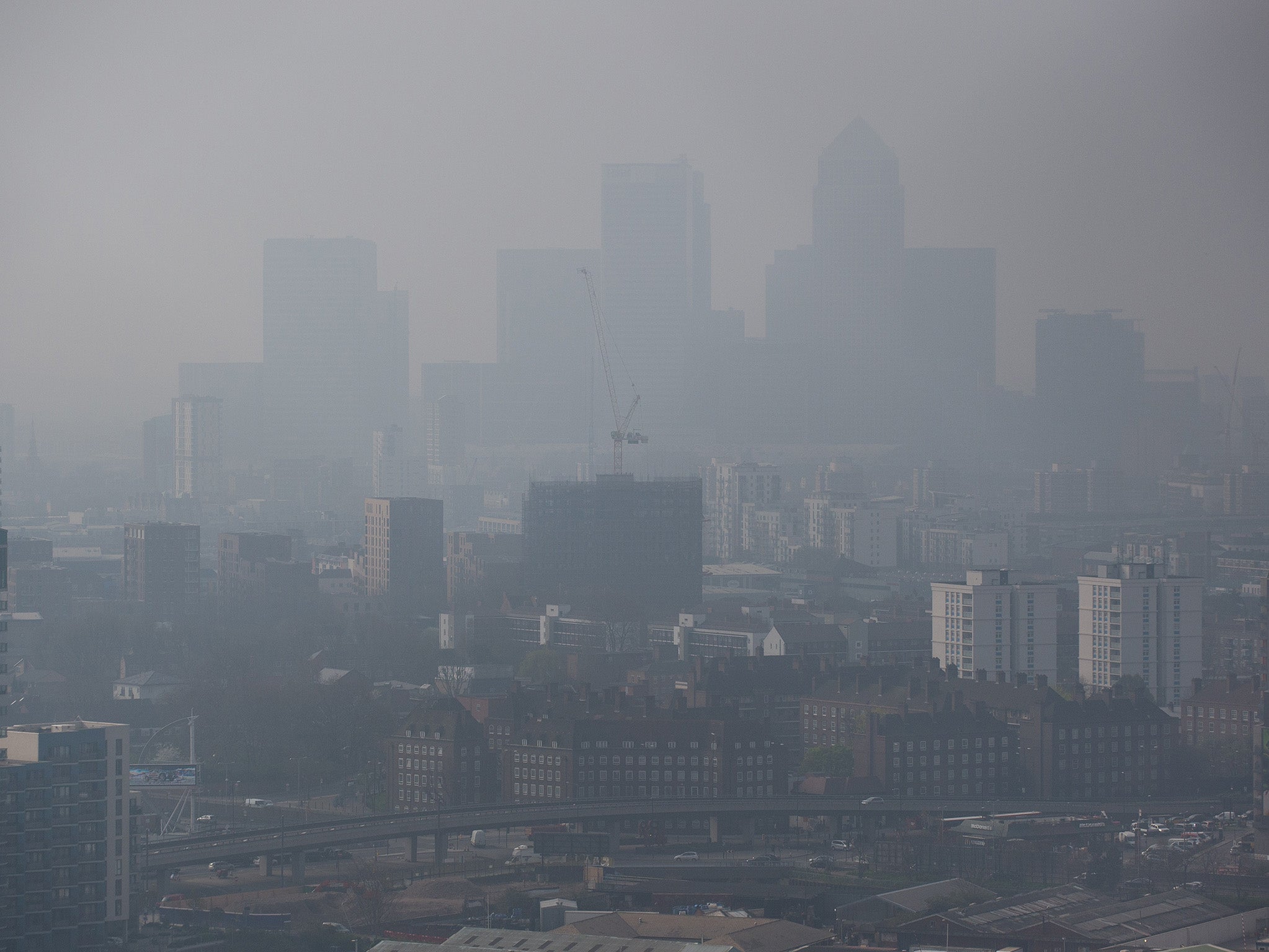 Air pollution hangs in the air lowering visibility in London, on April 2